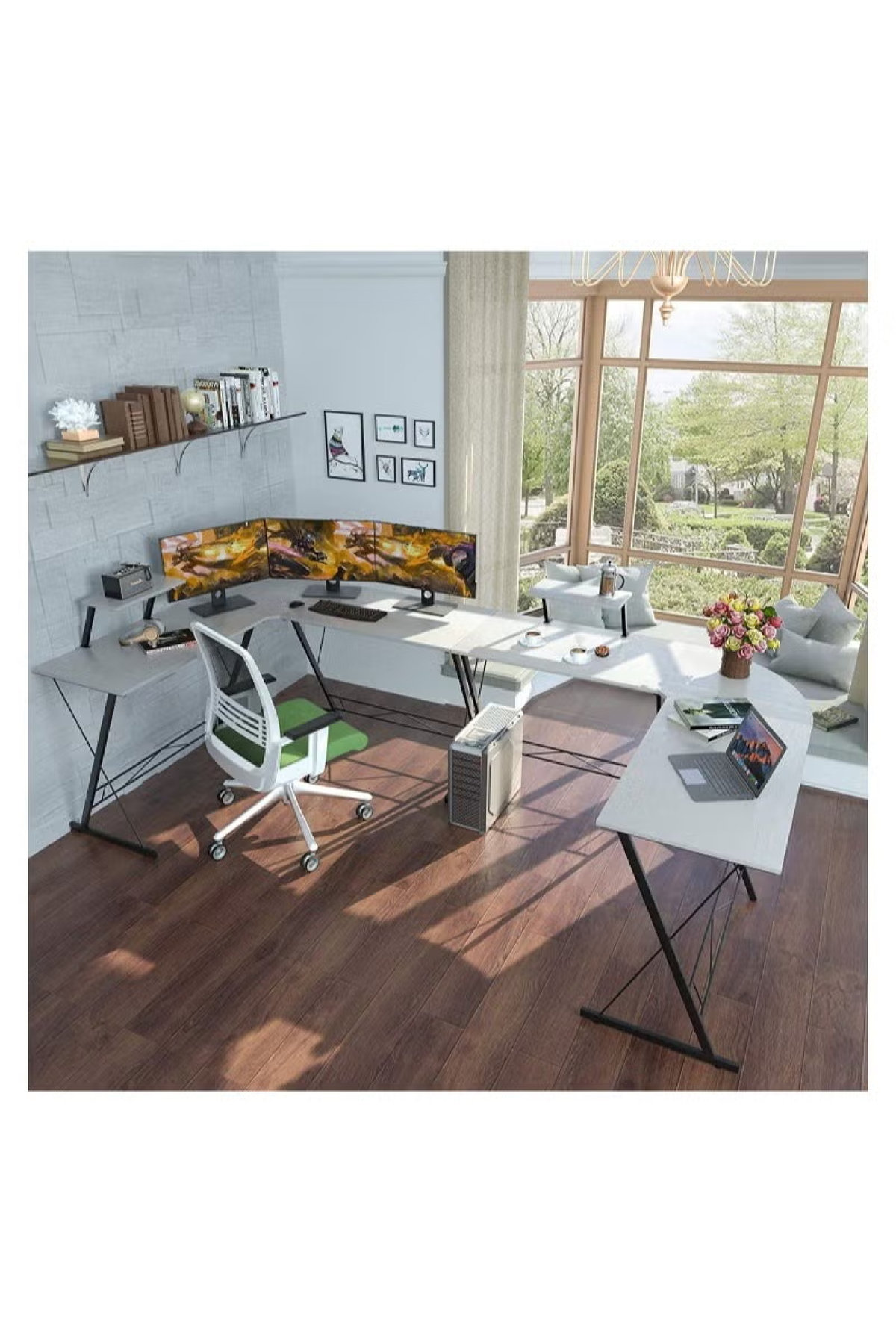 مكتب كمبيوتر زاوية على شكل حرف L – طاولة ألعاب ومح...