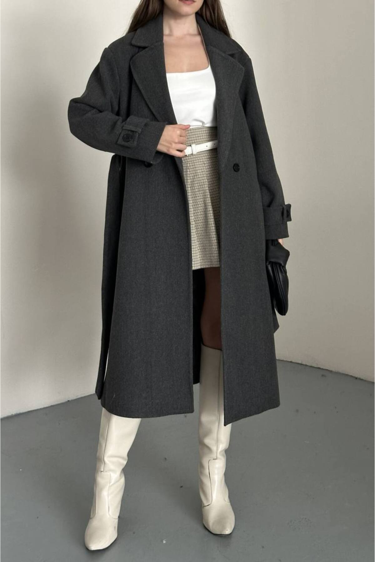 VESS MODA  Kadın Kuşak ve Düğmeli Uzun Kaşe Kaban Antrasit - Görsel 6