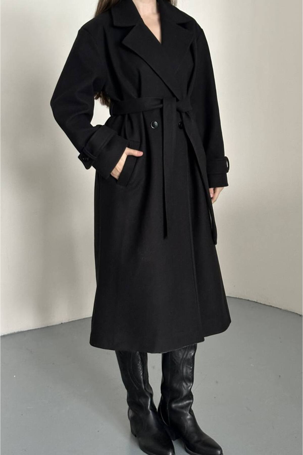 VESS MODA  Kadın Kuşak ve Düğmeli Uzun Kaşe Kaban Siyah - Görsel 6