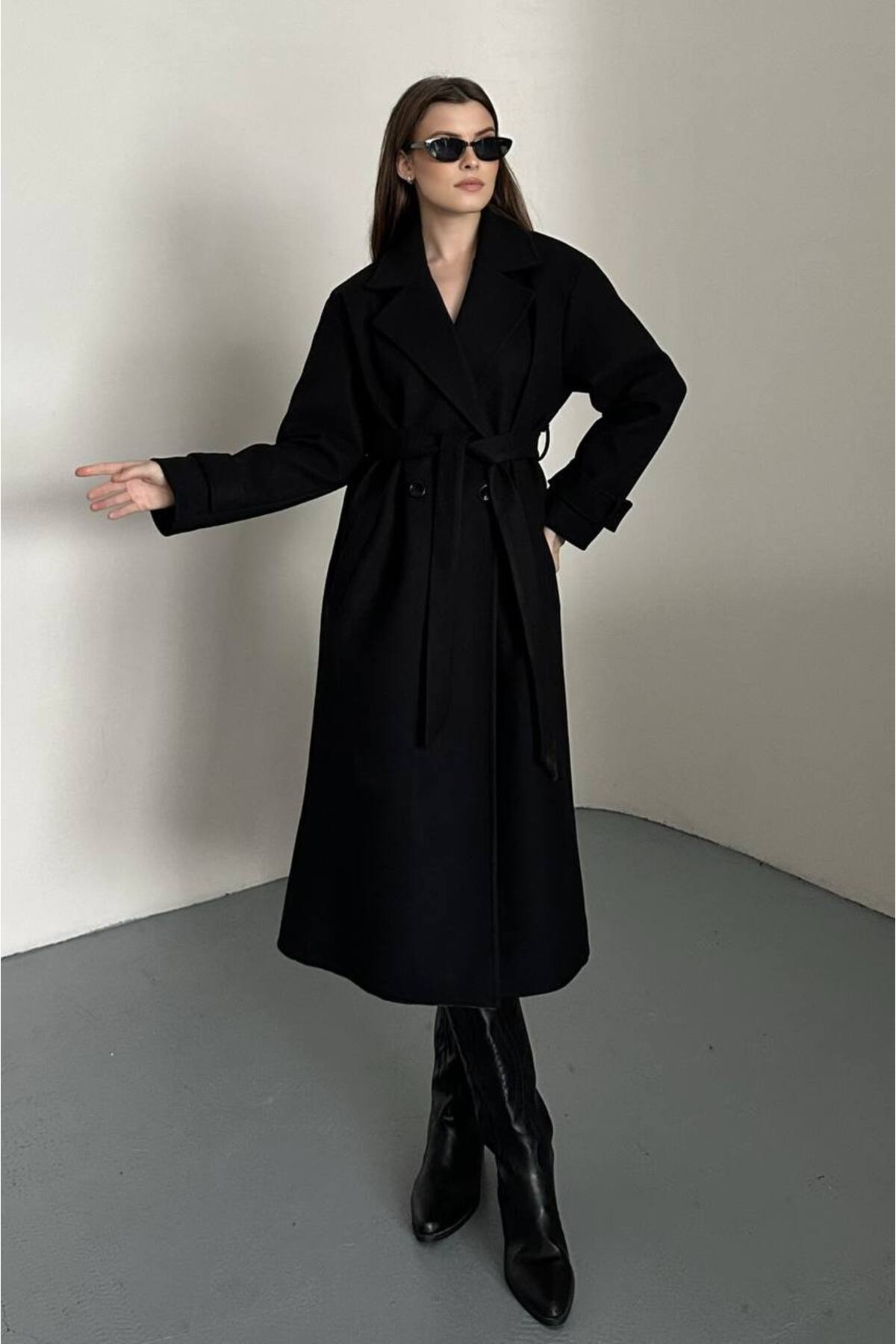 VESS MODA  Kadın Kuşak ve Düğmeli Uzun Kaşe Kaban Siyah - Görsel 3
