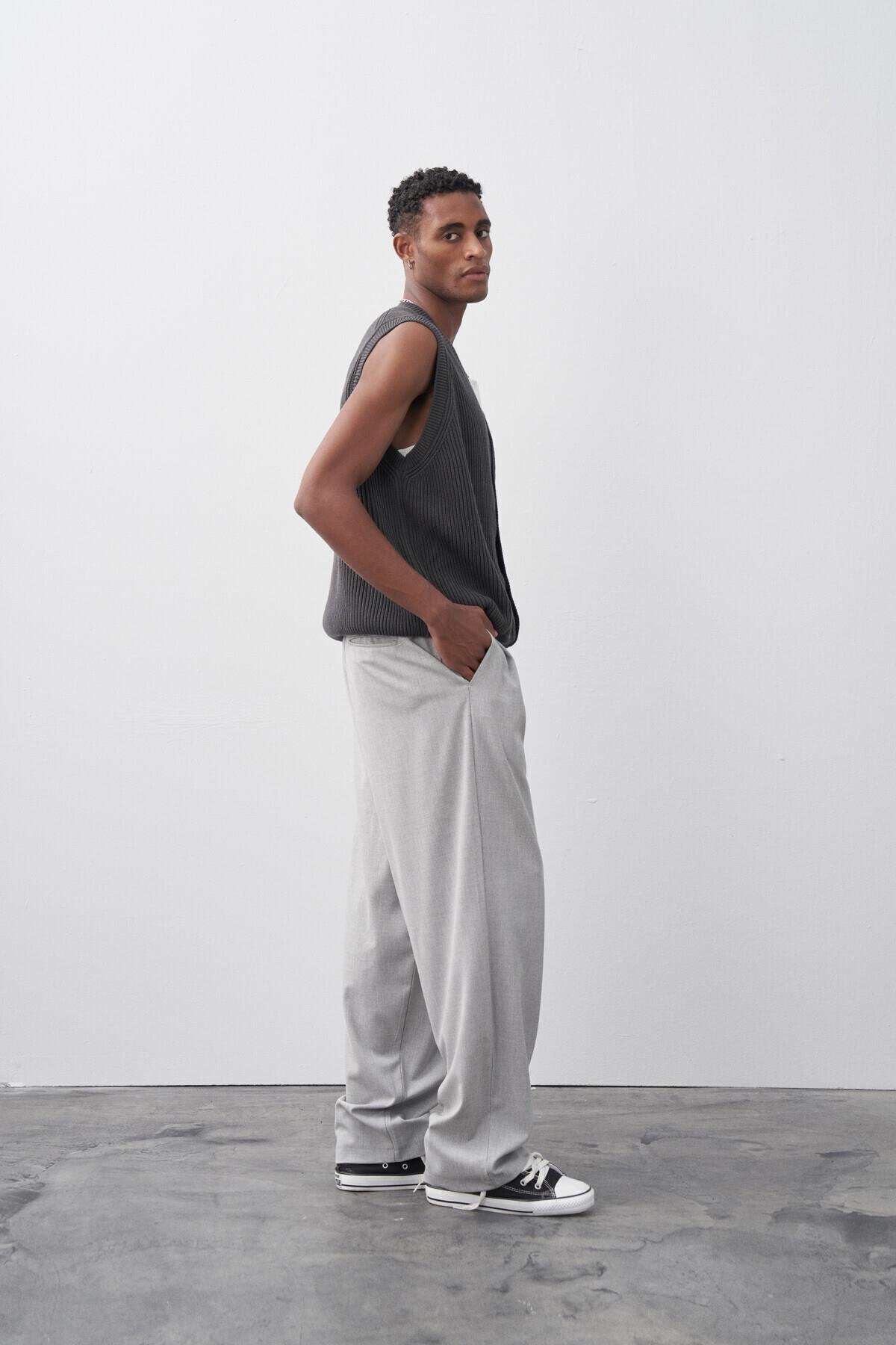 VAMOSCLO Baggy Fit Kumaş Pantolon Açık Gri görsel 2