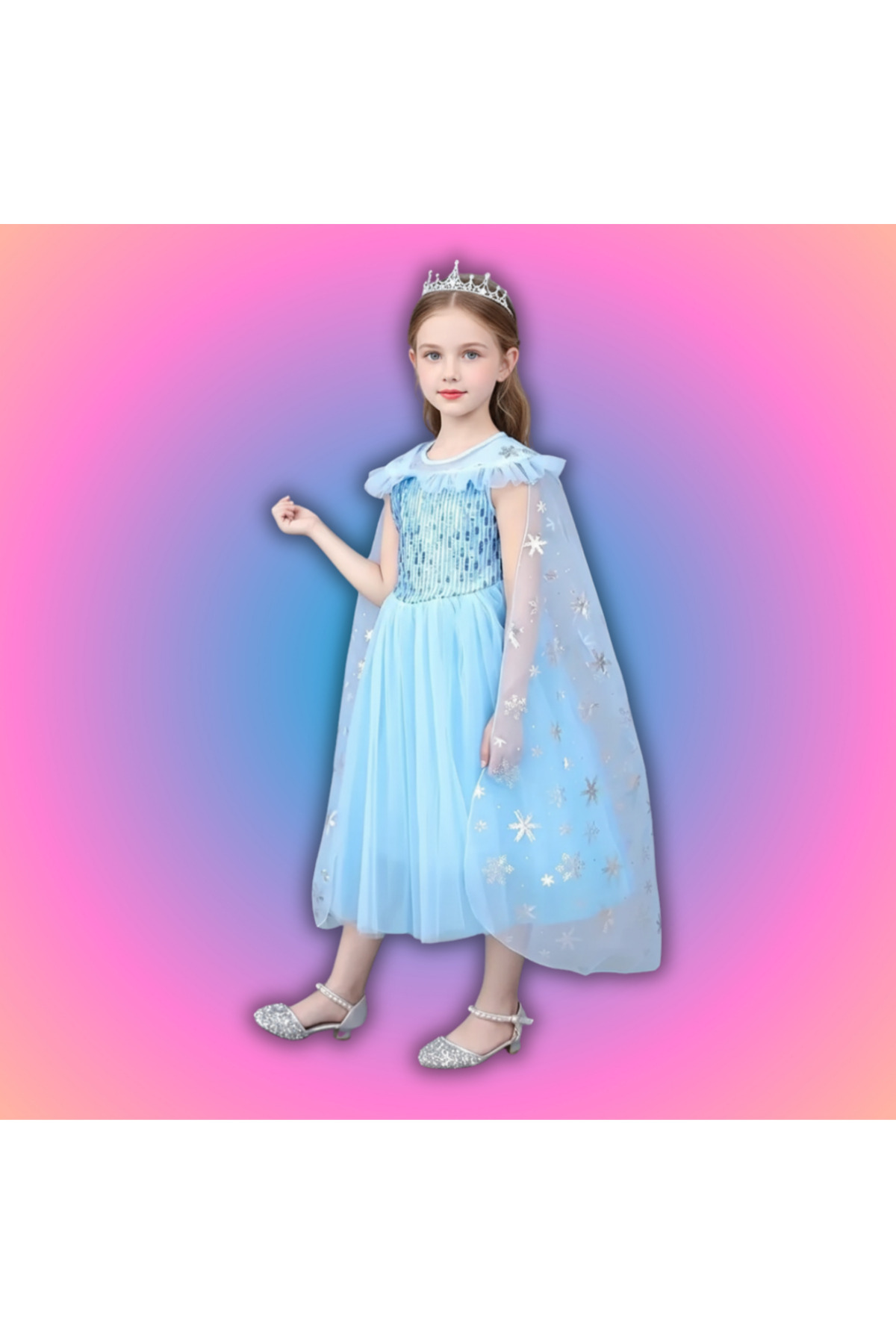 Short Sleeve Caped Sequin Blue Dress Princess Snow Queen Elsa Arendelle Country Frozen Girl
