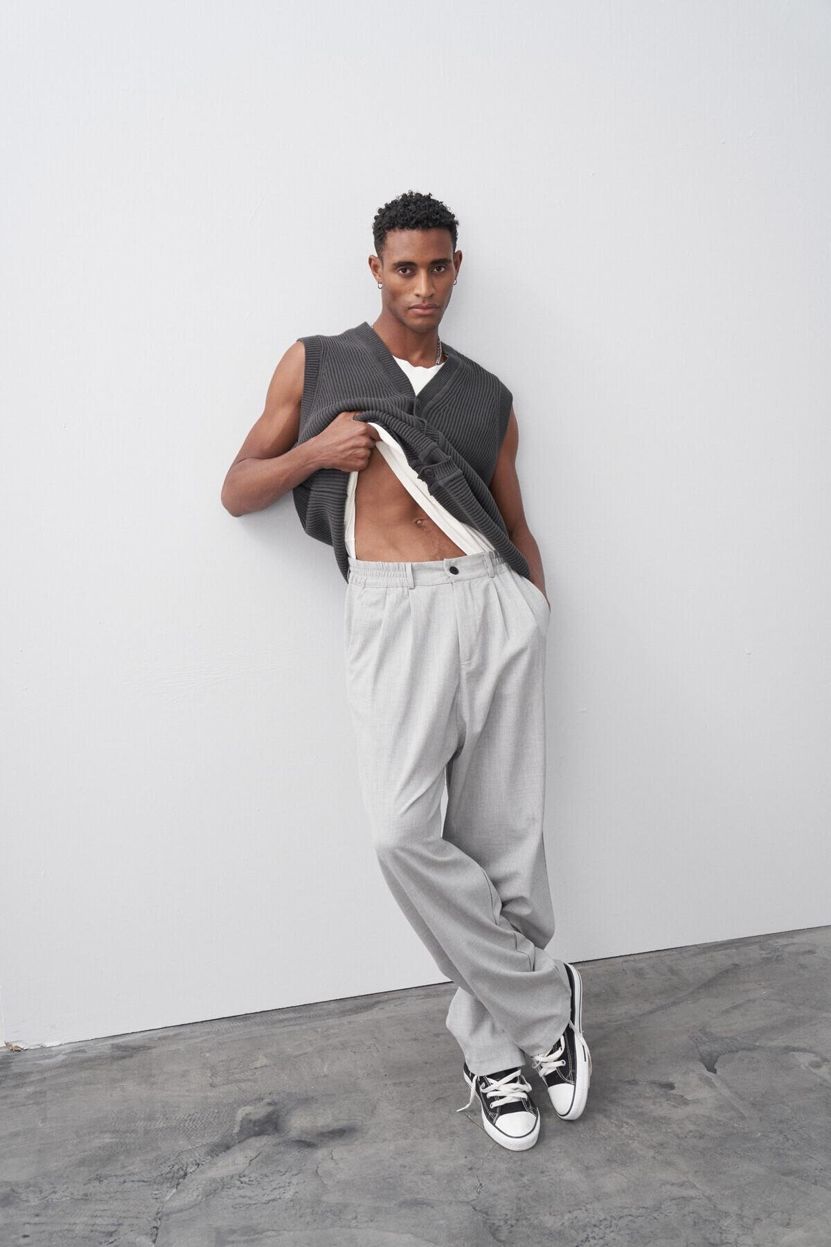 VAMOSCLO Baggy Fit Kumaş Pantolon Açık Gri görsel 6