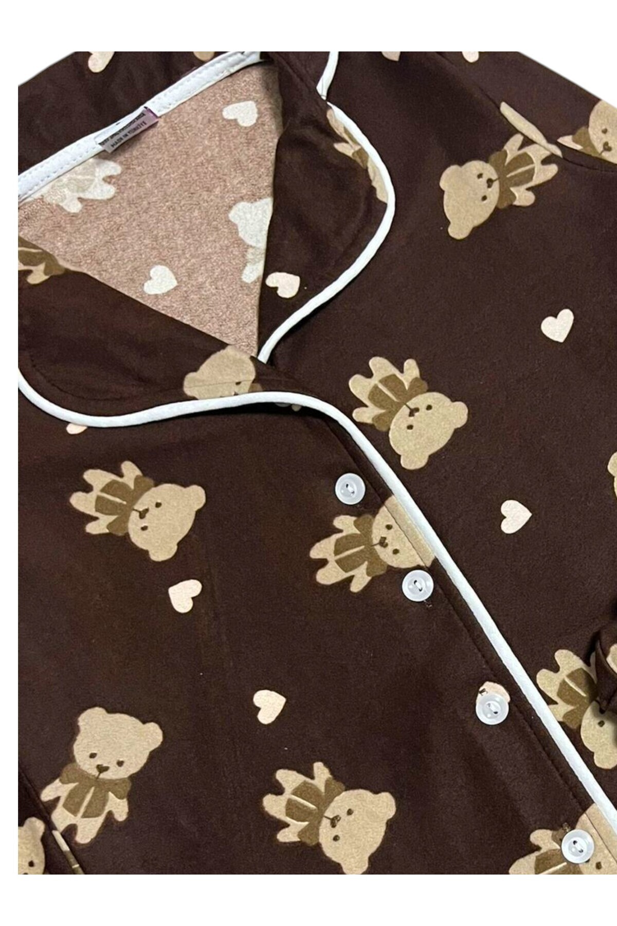 Fil Kids Anne-Kız Çocuk Pamuklu Süet Kahverengi Ayıcık Kalp Desenli Uzun Kol Gömlek Yaka Kışlık Pijama Takımı fotoğrafı 3 (önizleme)