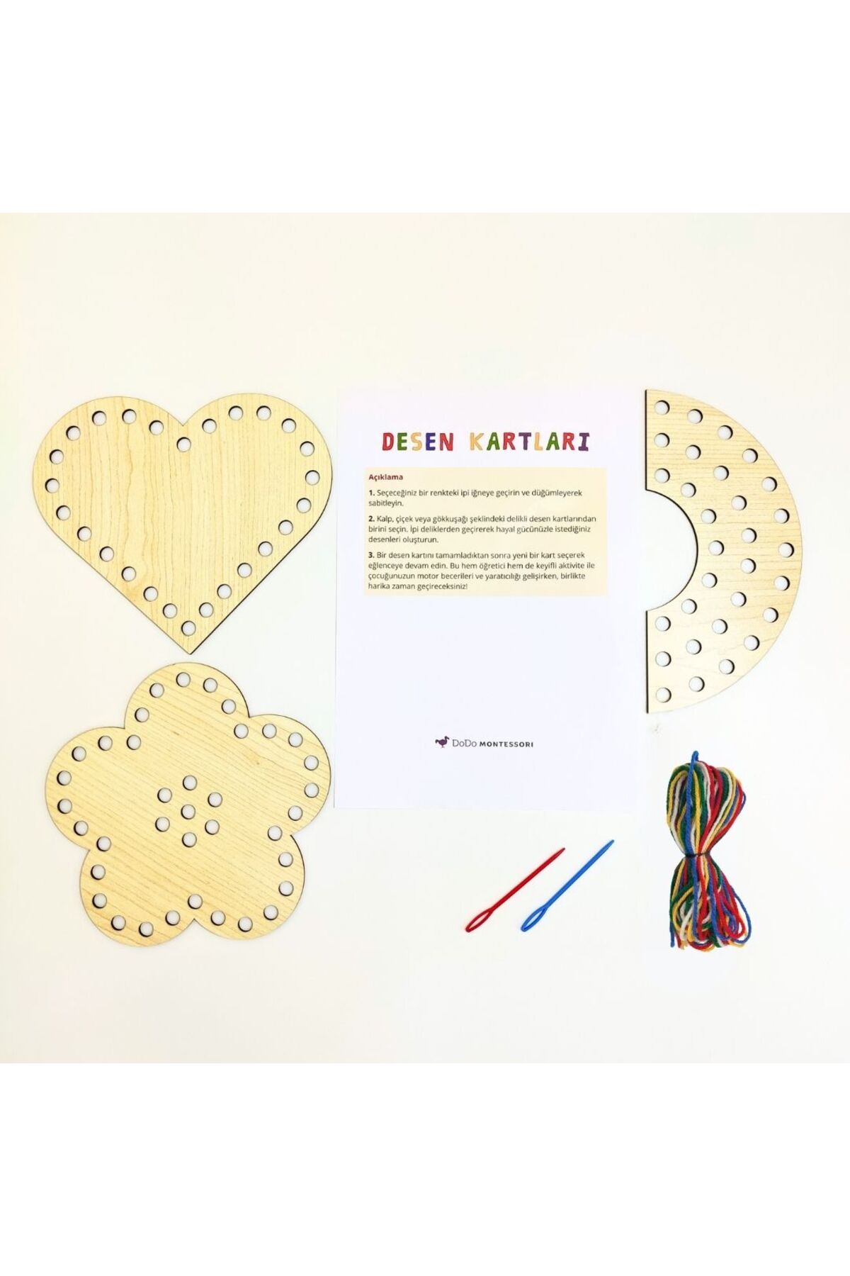 Dodo Montessori Ahşap Dikiş ve Desen Kartları Seti – 3 Farklı Şekil, Güvenli İğne, 5 Renk İp | Montessori Aktivitesi fotoğrafı 2 (önizleme)
