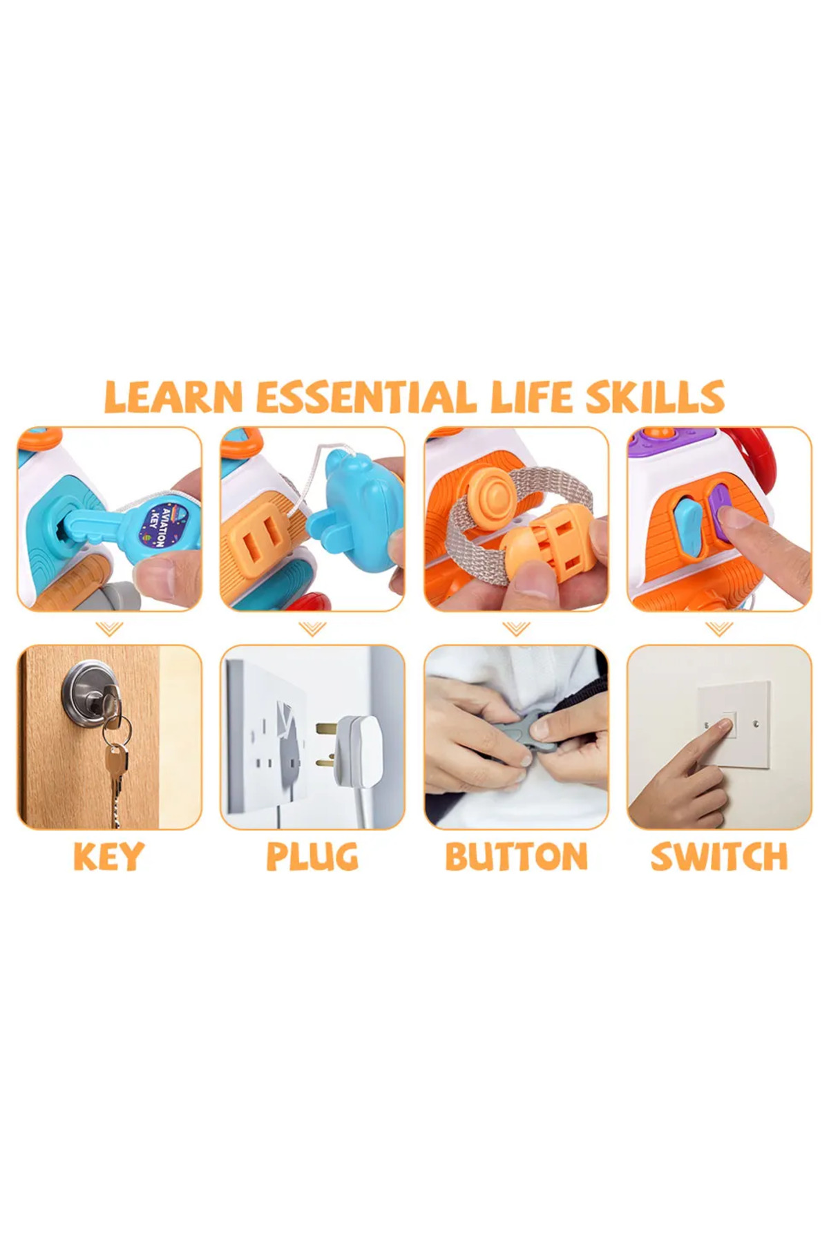 یک مکعب اسباببازی حسی مونتهسوری «بیبی بیزی بورد» برای خردسالان، فعالیتهای آموزشی و یادگیری، مناسب برای سفر.