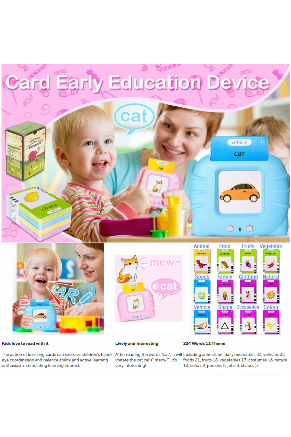 کارت‌های فلش صحبت‌کننده Blue-224، اسباب‌بازی‌های آموزشی اولیه برای نوزادان، پسران و دختران، پیش‌دبستانی، یادگیری و خواندن.