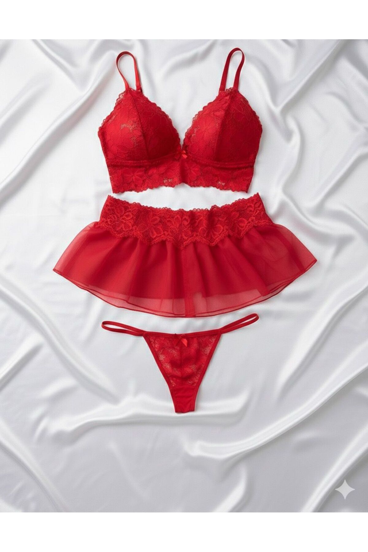 La Feano Kadın 5 Parça Kırmızı Dantelli Tüllü Şık Gecelik Takımı