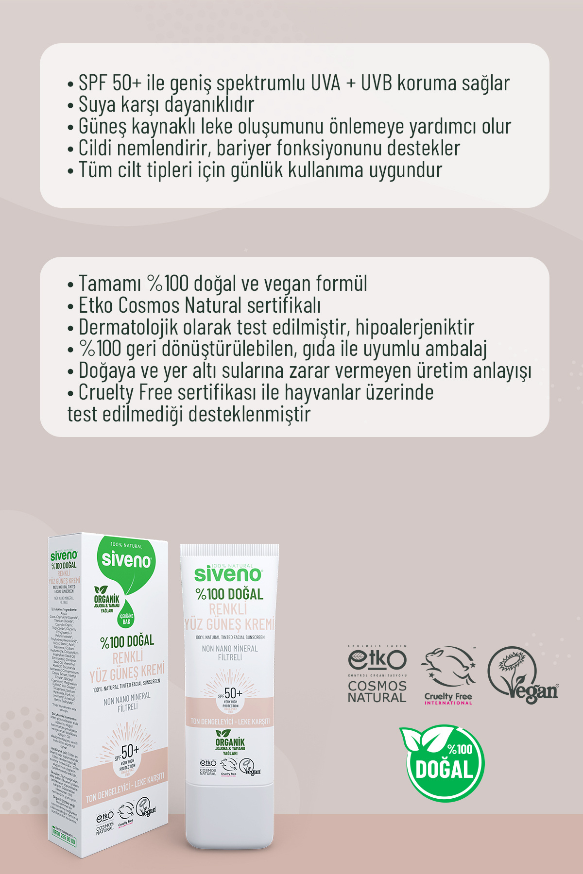 Siveno %100 Doğal Yüz Güneş Kremi Renkli Ton Eşitleyici Leke Karşıtı SPF 50+ UVA UVB 30 ml fotoğrafı 7 (önizleme)