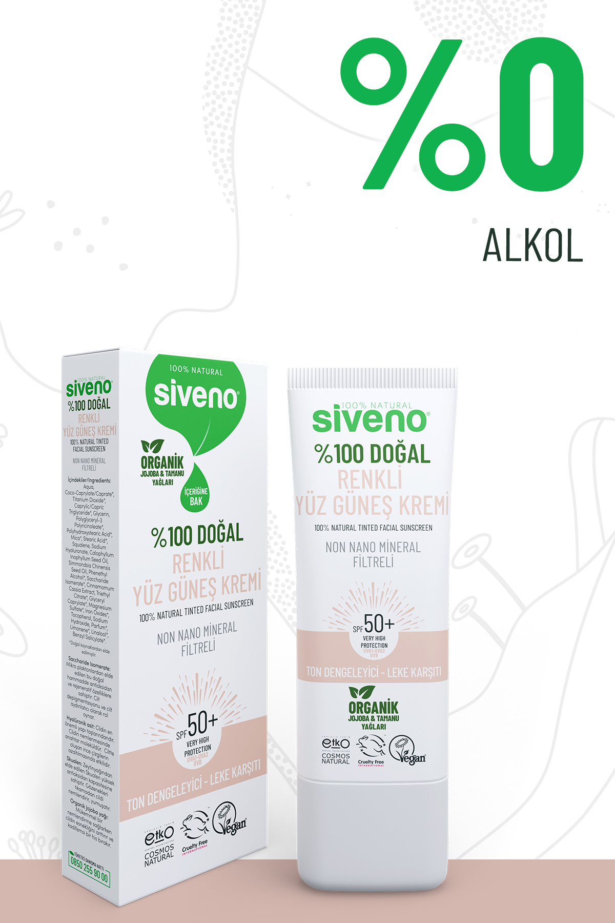 Siveno %100 Doğal Yüz Güneş Kremi Renkli Ton Eşitleyici Leke Karşıtı SPF 50+ UVA UVB 30 ml fotoğrafı 4 (önizleme)