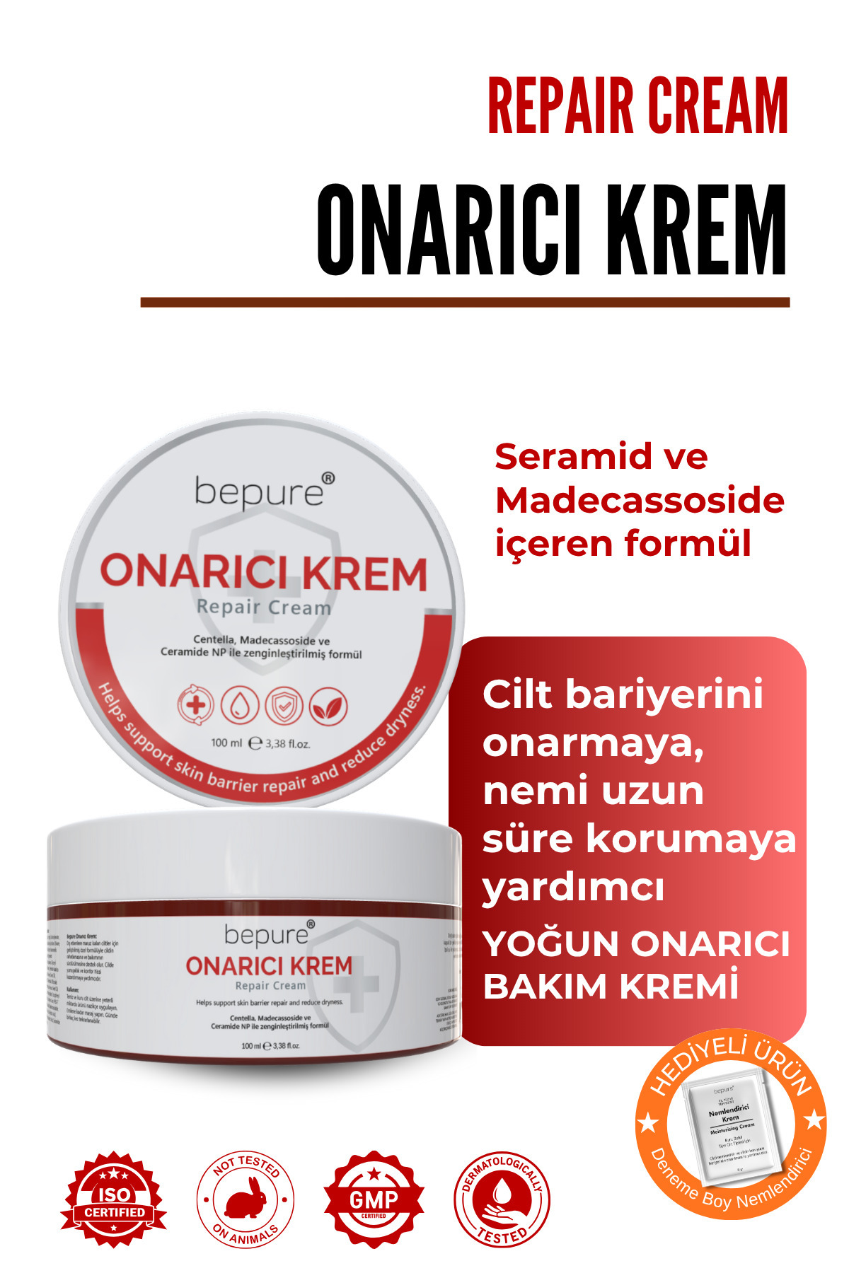 Bepure Hasar Görmüş Cilt Bariyer Onarıcı, Seramid, Madecassoside Destekli, Yoğun Onarıcı Krem 100 ml
