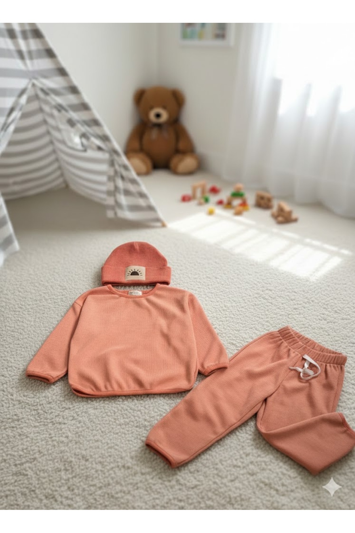 Kuğu Baby Unisex Waffle Pembe Bereli Üçlü Takım fotoğrafı 4 (önizleme)