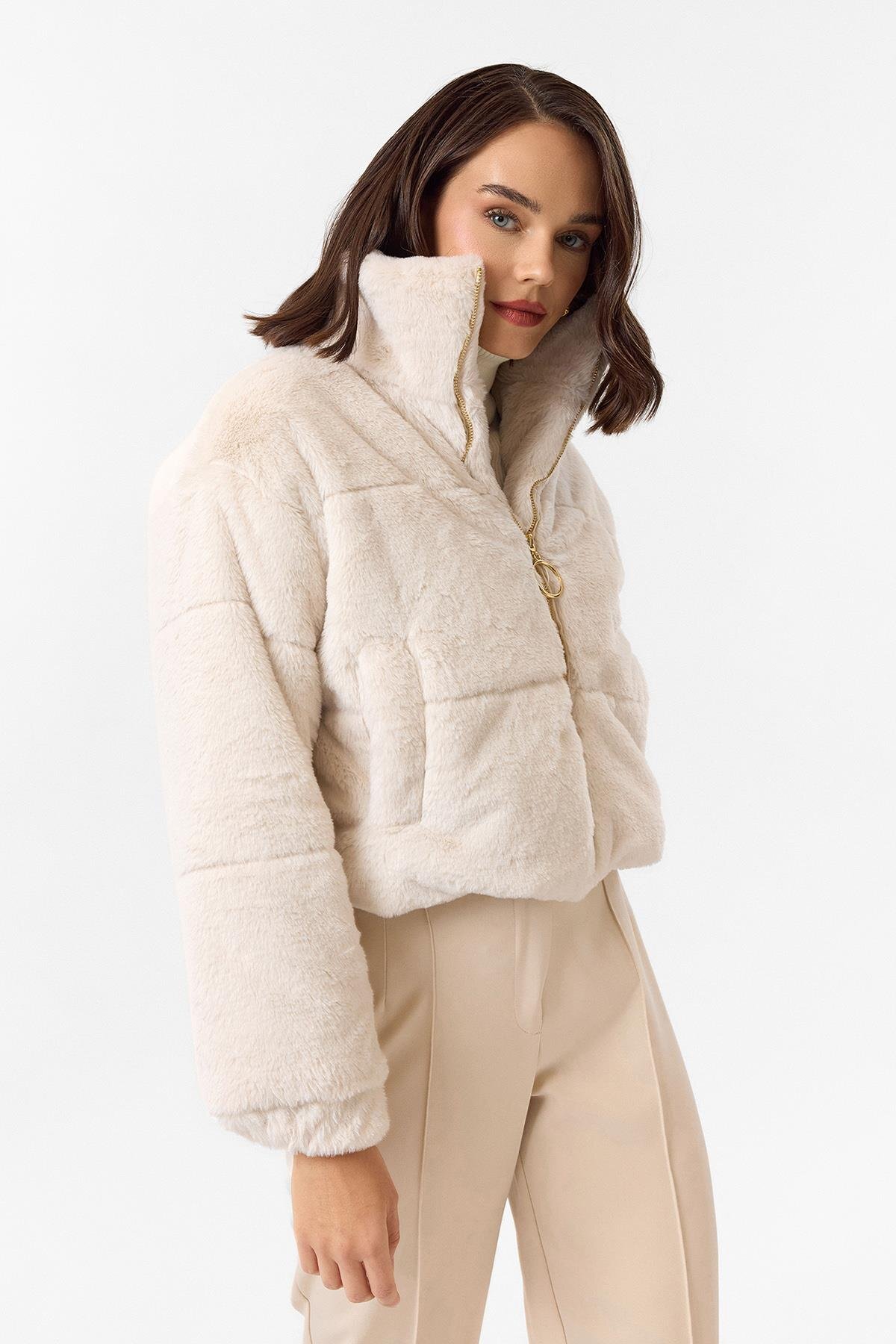 Tiffany Tomato  Fleto Cepli Kapitone Peluş Mont - Görsel 4