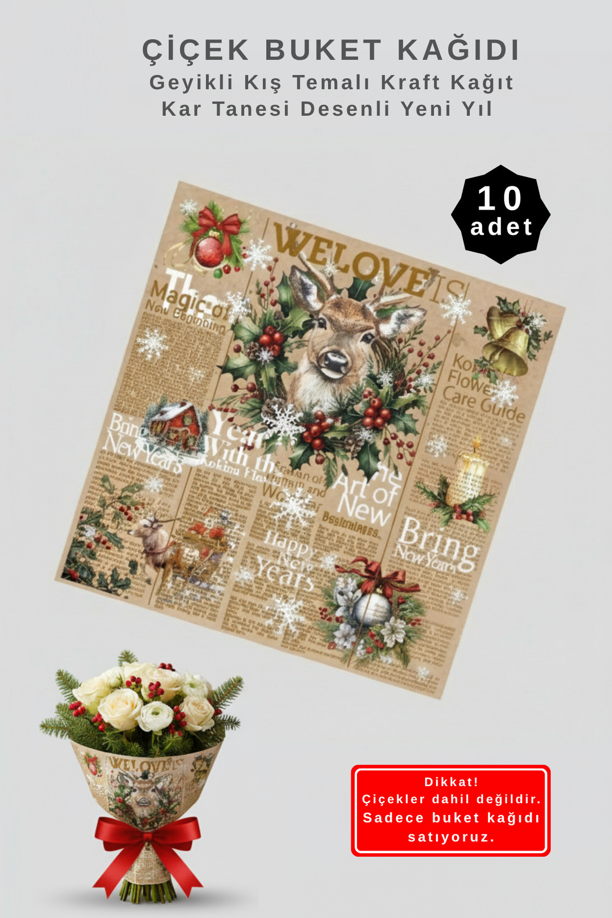 COLORPAK Geyikli Kış Temalı Çiçek Sarma Kağıdı / Kar Tanesi Desenli Yeni Yıl Buket Ambalajı 55x55cm 10 adet