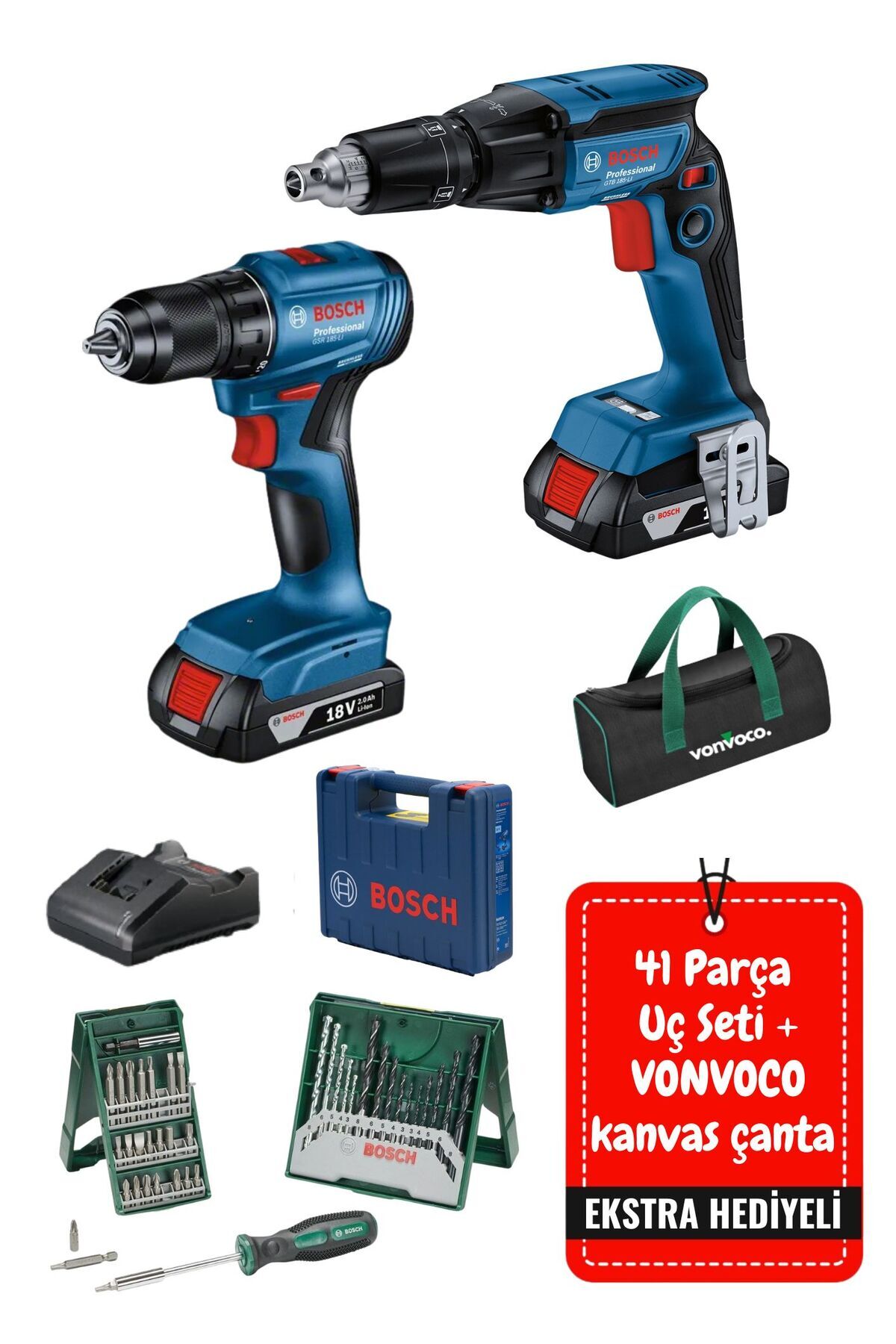 Bosch GTB 185-LI Akülü Alçıpan Vidalama Makinesi Şarjlı Alçıpan Matkabı GSR 185 Lİ Matkap 2x2.0 Ah