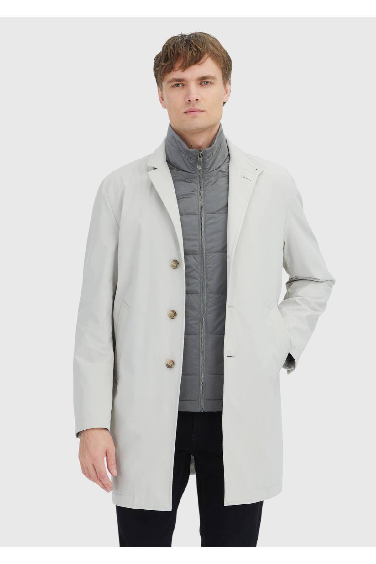 Ramsey Ekru Regular Fit Kruvaze Yaka Casual Dokuma Pardesü