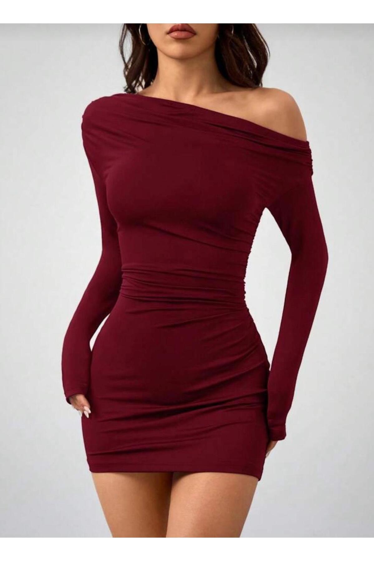 MEGOMEL Asimetrik Yaka Büzgü Detaylı Uzun Kollu Likralı Mini Elbise ( Mevsimlik ve Kışlık )