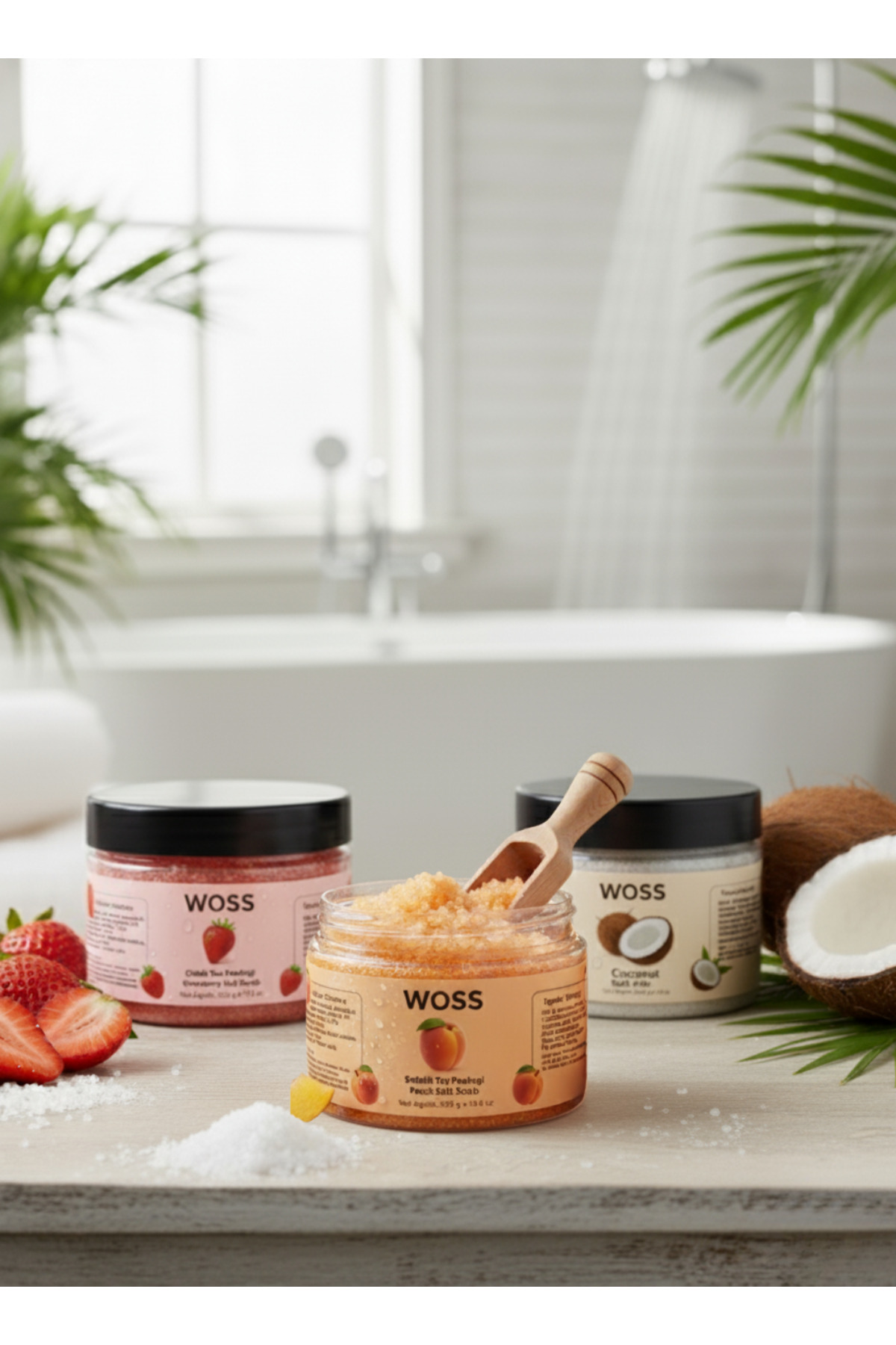 Woss Vücut Peeling Seti (3’lü) – Çilek, Hindistan Cevizi, Şeftali — Tuz Peeling