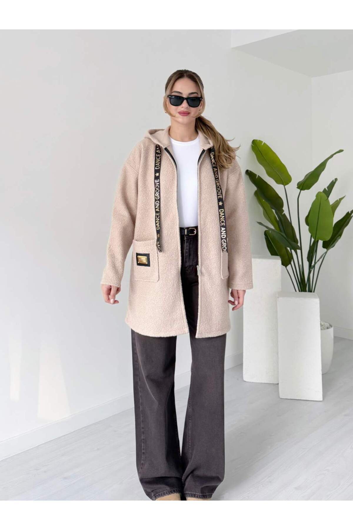 tiamoda Kapüşonlu Uzun Buklet Ceket