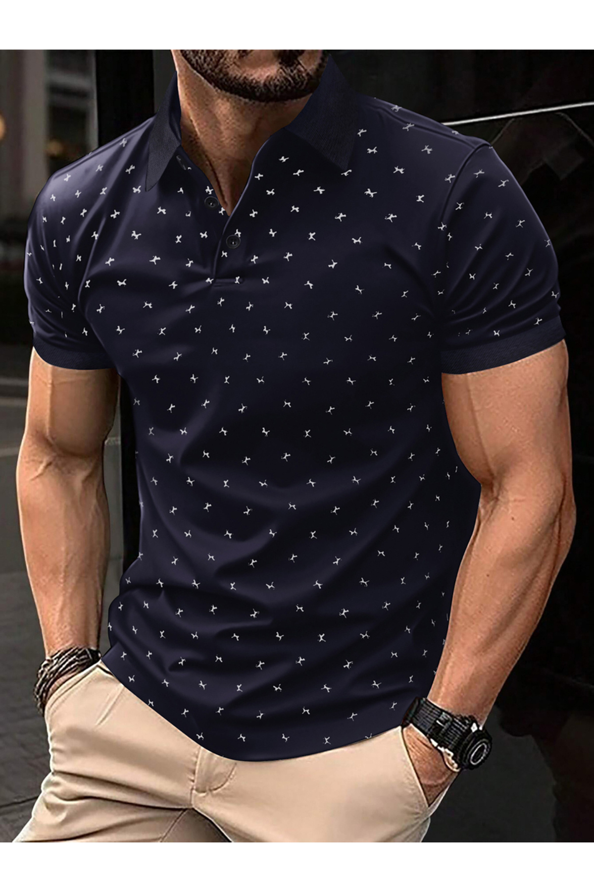 Take Two By Styli Men Navy Graphic Print Short Sleeve Polo Shirt