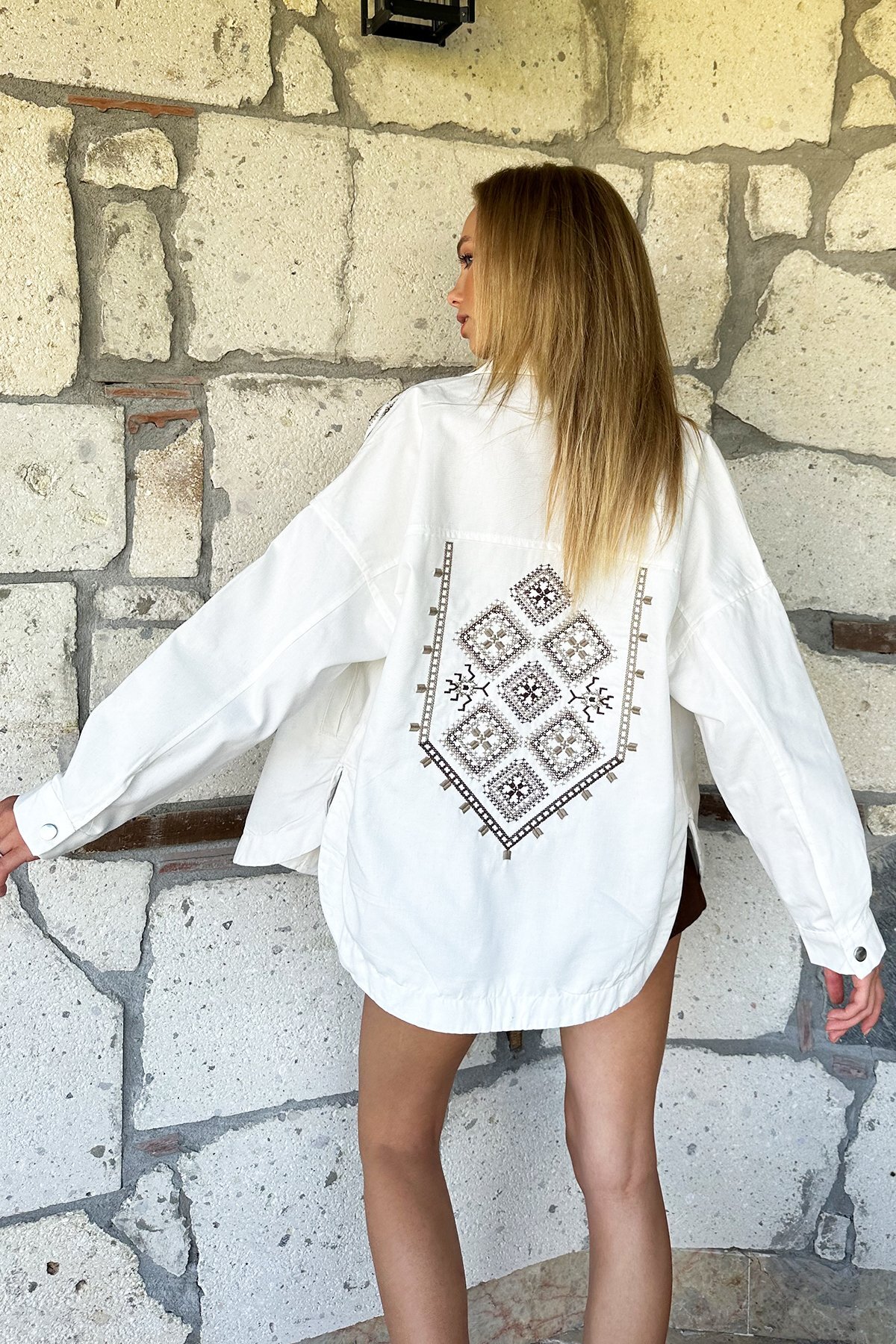 Trend Alaçatı Stili Ecru Double Pocket Oversized Gabardine Jacket