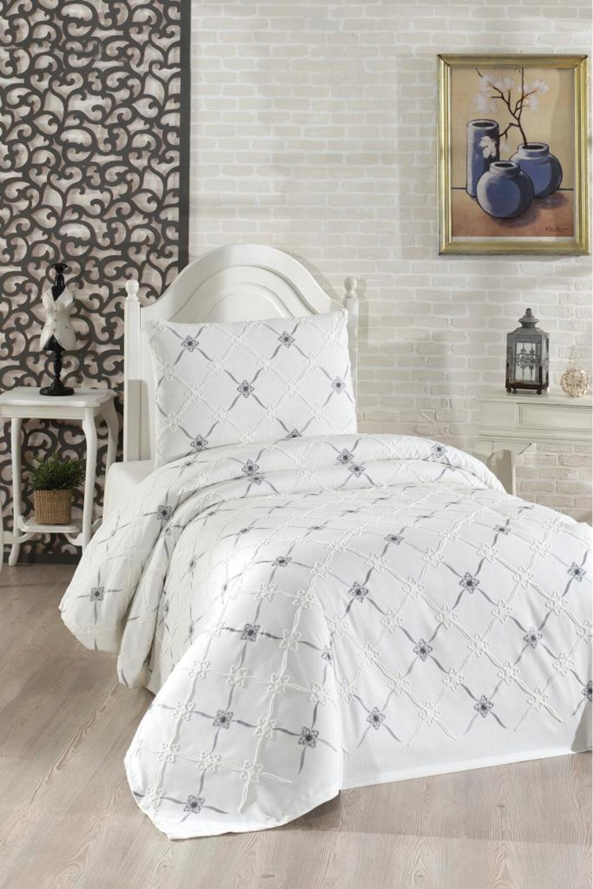 Çeyiz Diyarı Kanola Nakışlı Şönil 2 Parça Tek Kişilik Yatak Örtüsü