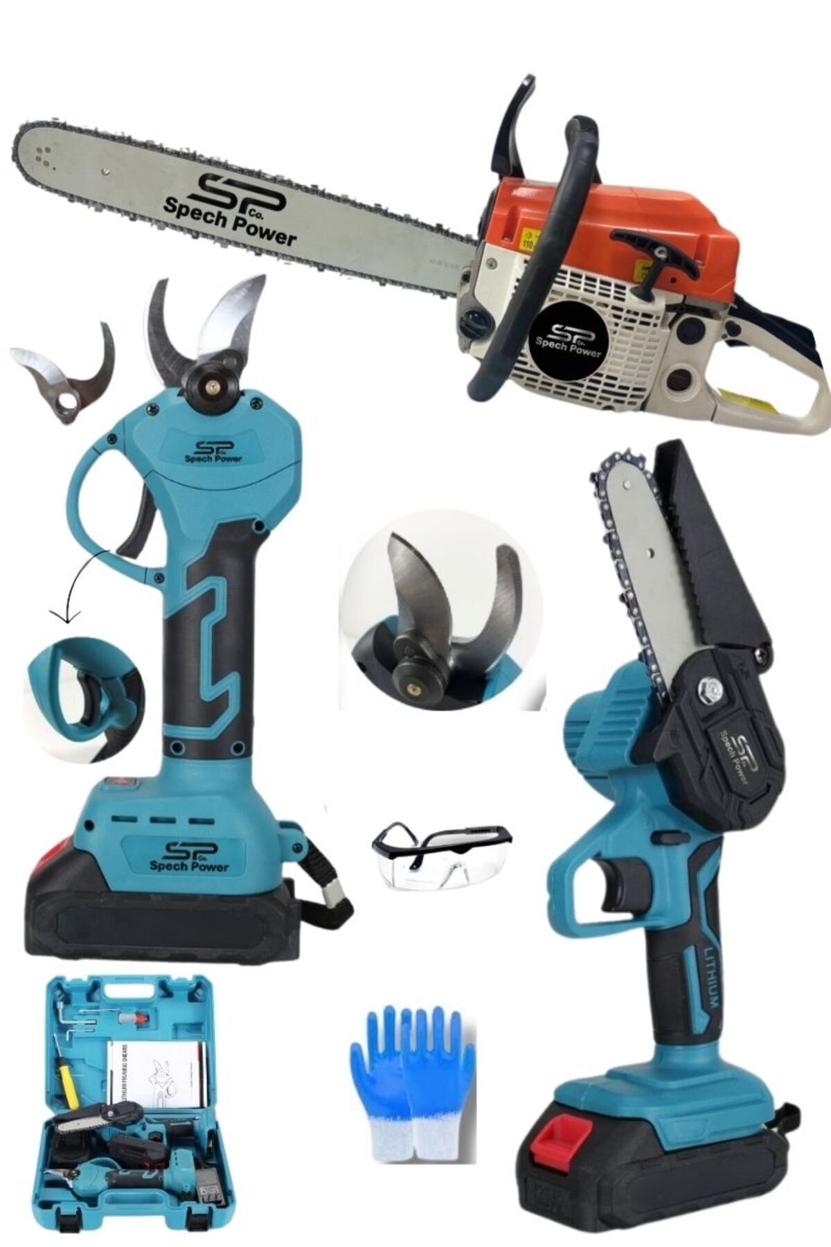 Spech Power 2 Li Set Dal Makas 21 V 3 Ah Dal Budama ve Benzinli Zincirli Ağaç Motoru Testere Seti