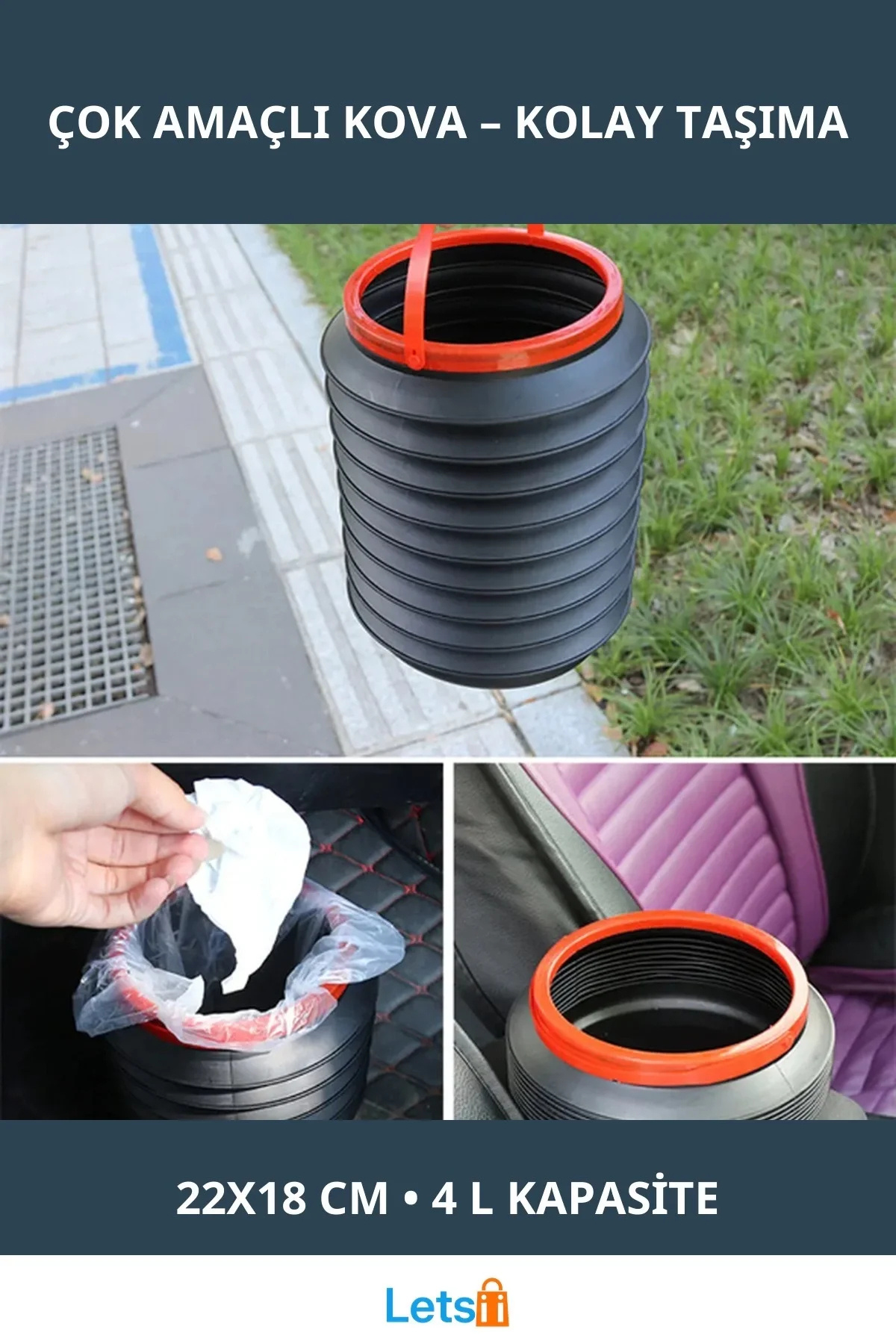Letsii Çok Amaçlı Katlanabilir Pratik Araç İçi Kova 4 Litre