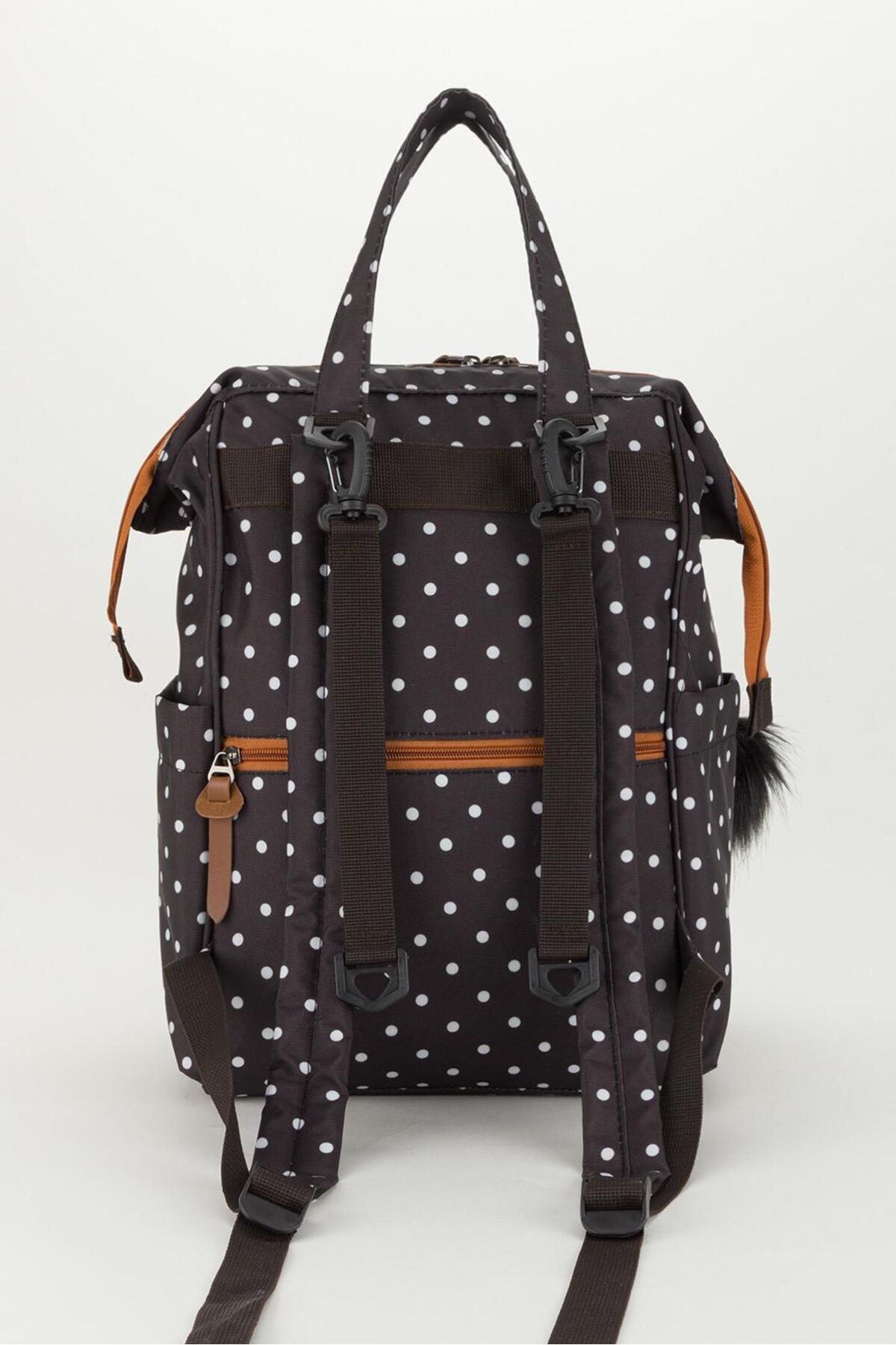 Disanuva Siyah Puantiyeli Termos Gözlü Anne Bebek Bakım Sırt Çantası | Çok Gözlü Organizer-Ponponlu fotoğrafı 4 (önizleme)