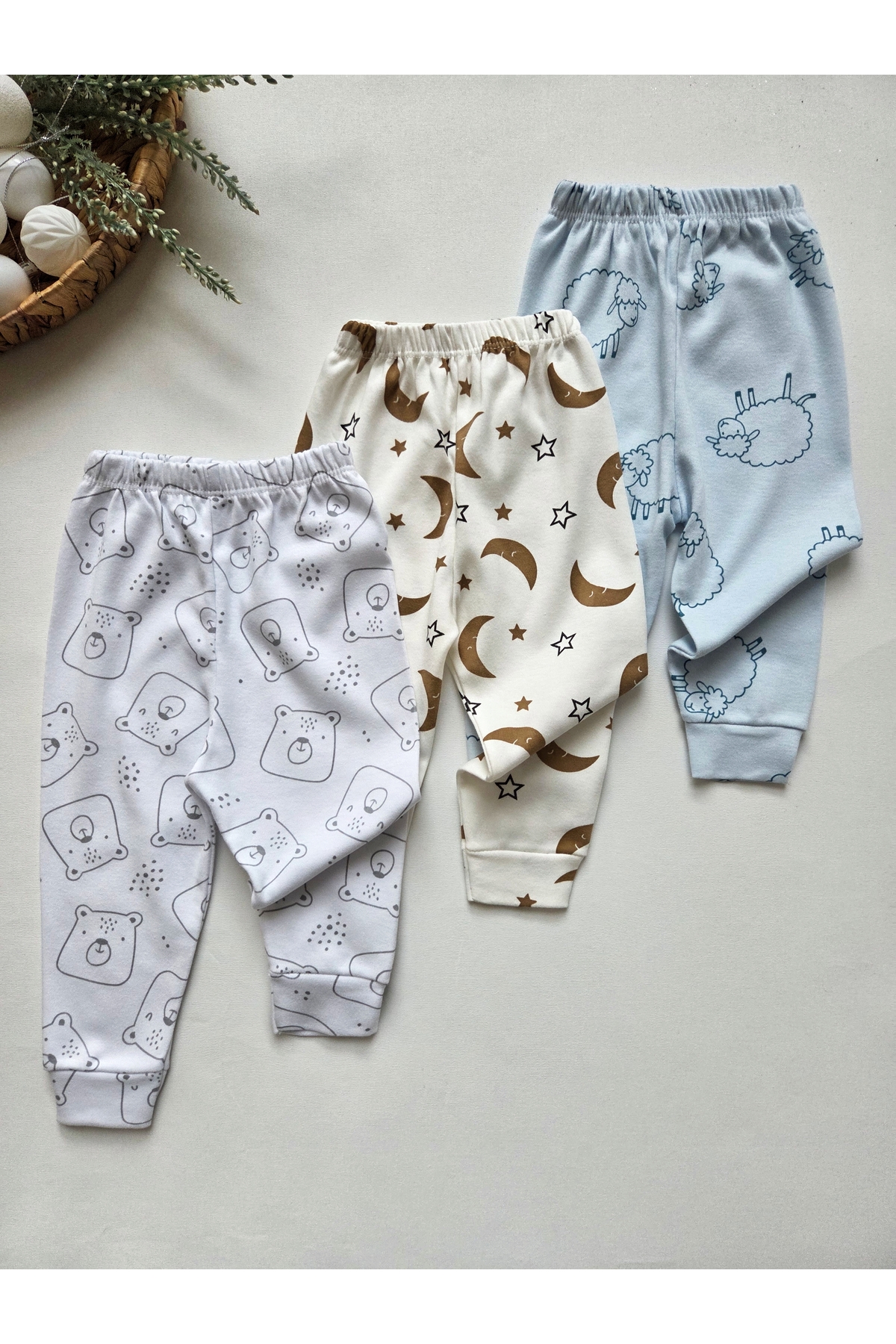 GizaKids %100 Pamuk Kız Erkek Bebek Unisex Patiksiz Pijama Altı 3lü Set fotoğrafı 6 (önizleme)