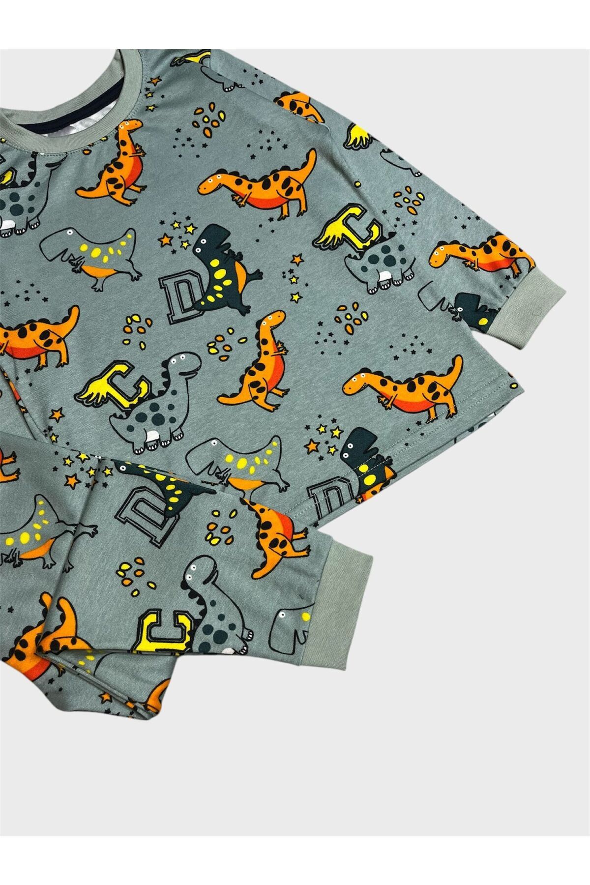 elmas kids Erkek Çocuk %100 Pamuklu Yeşil Dinozor Desenli Uzun Kollu Pijama Takımı fotoğrafı 4 (önizleme)