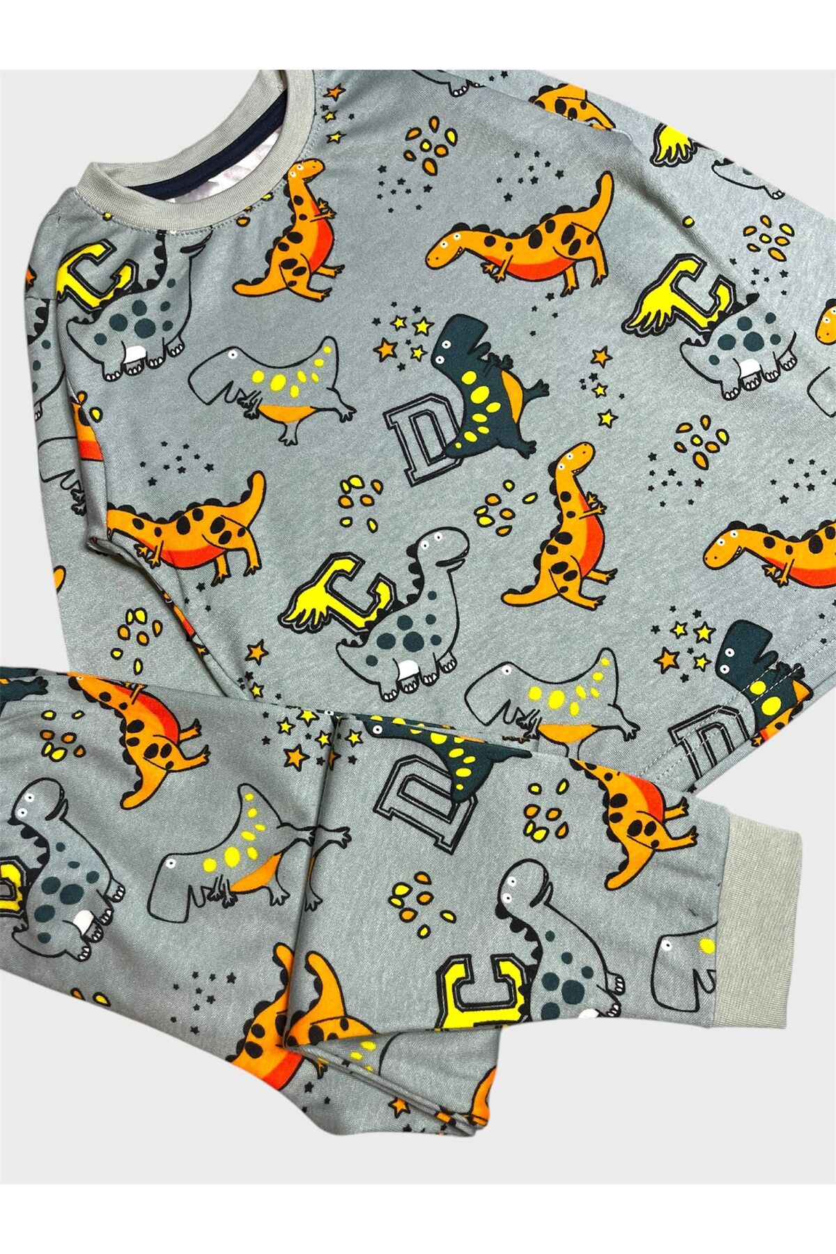 elmas kids Erkek Çocuk %100 Pamuklu Yeşil Dinozor Desenli Uzun Kollu Pijama Takımı fotoğrafı 2 (önizleme)