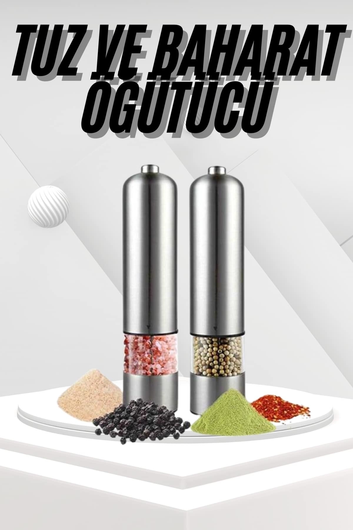 MKR Pilli Tuz Ve Karabiber Öğütücü Baharat Değirmeni Tuzluk Pilli Işıklı Gri