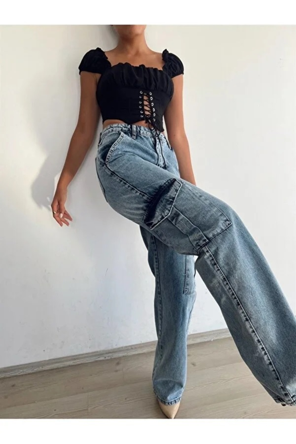 Exporanto Ethan Kadın Likralı Orta Kar Yıkama Süper Yüksek Bel Arka Cepsiz Model Kargo Jeans