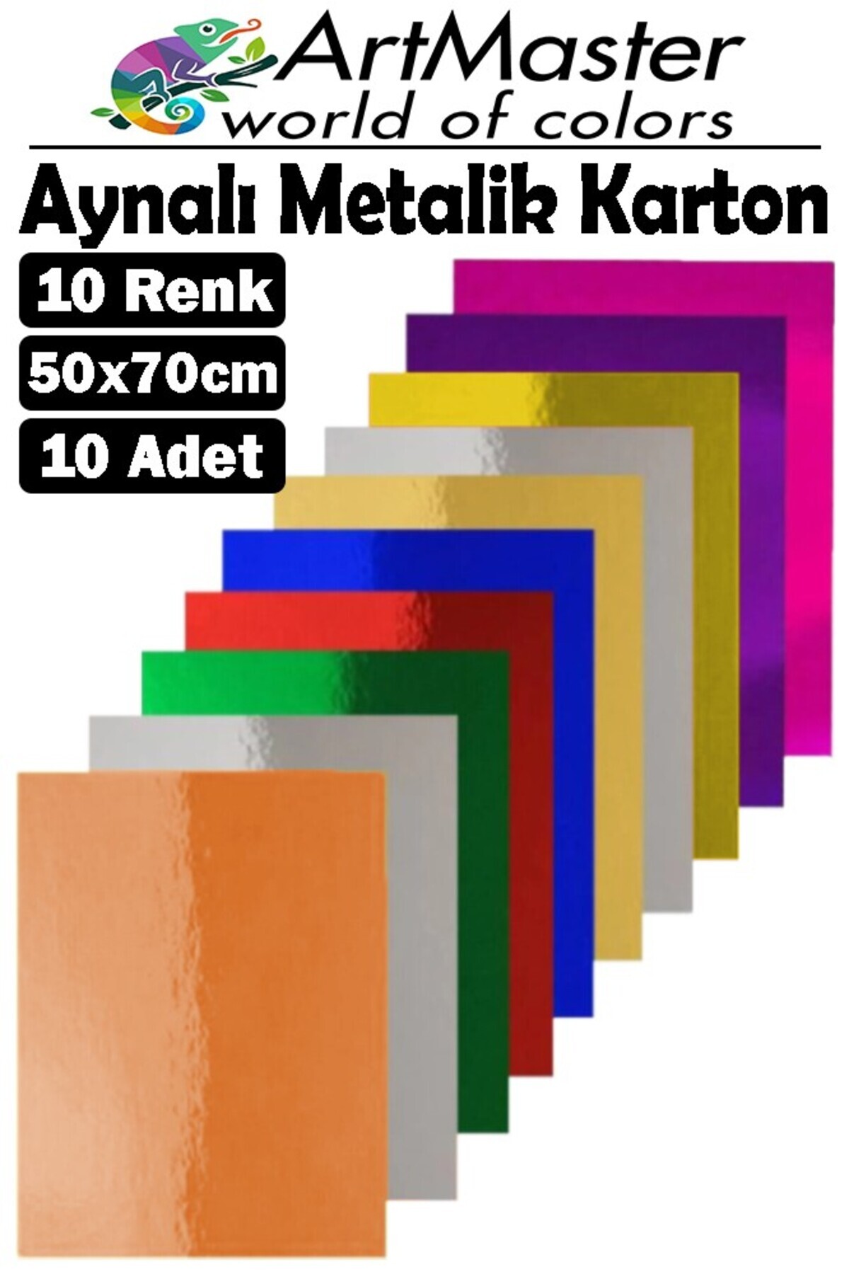 Artmaster Aynalı Metalik Fon Kartonu 50x70 cm 10 Renk 1 Paket Dekoratif Pırıltılı Folyo Kağıt Okul Sınıf Renkl