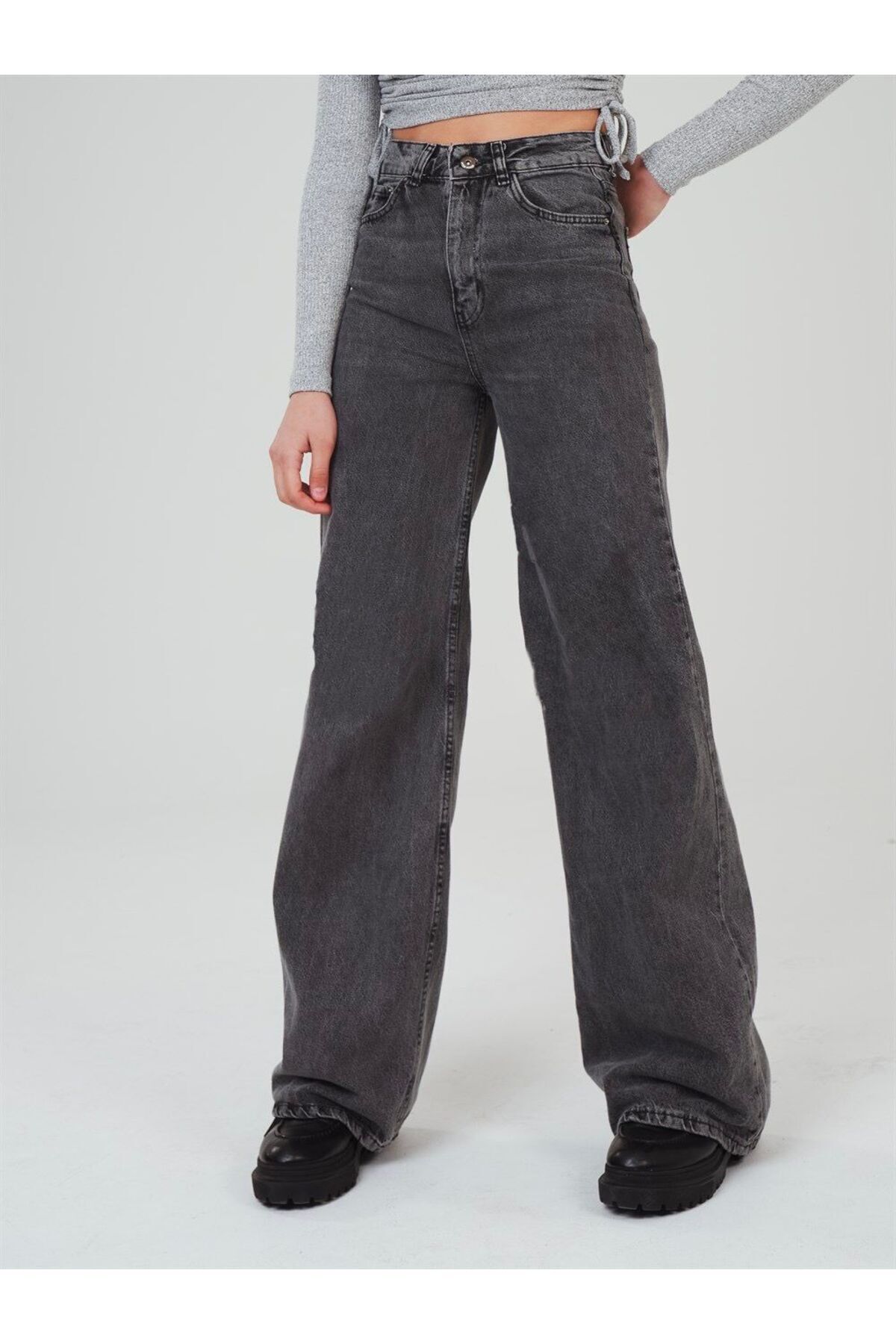 Exporanto Extra Yüksek Bel Salaş Paça Kadın Füme Kar Yıkama Denim Kot Pantolon