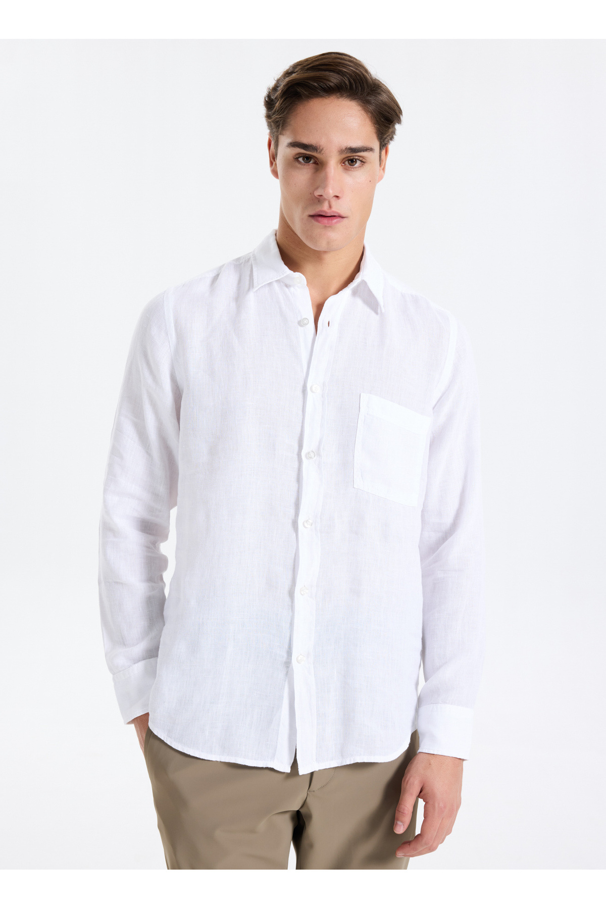 باس پیراهن مردانه یقه گرد معمولی، سفید، طرح‌دار، طرح‌دار