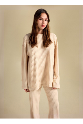 People By Fabrika Bisiklet Yaka Loose Fit Armürlü Bej Kazak Kadın PBF5WL-KZK9529