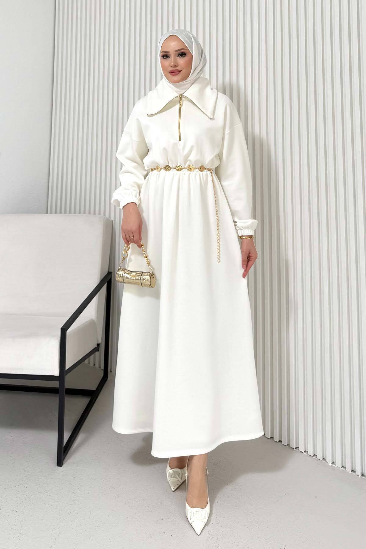 Melike Tatar Kemerli Scuba Elbise 68-6215