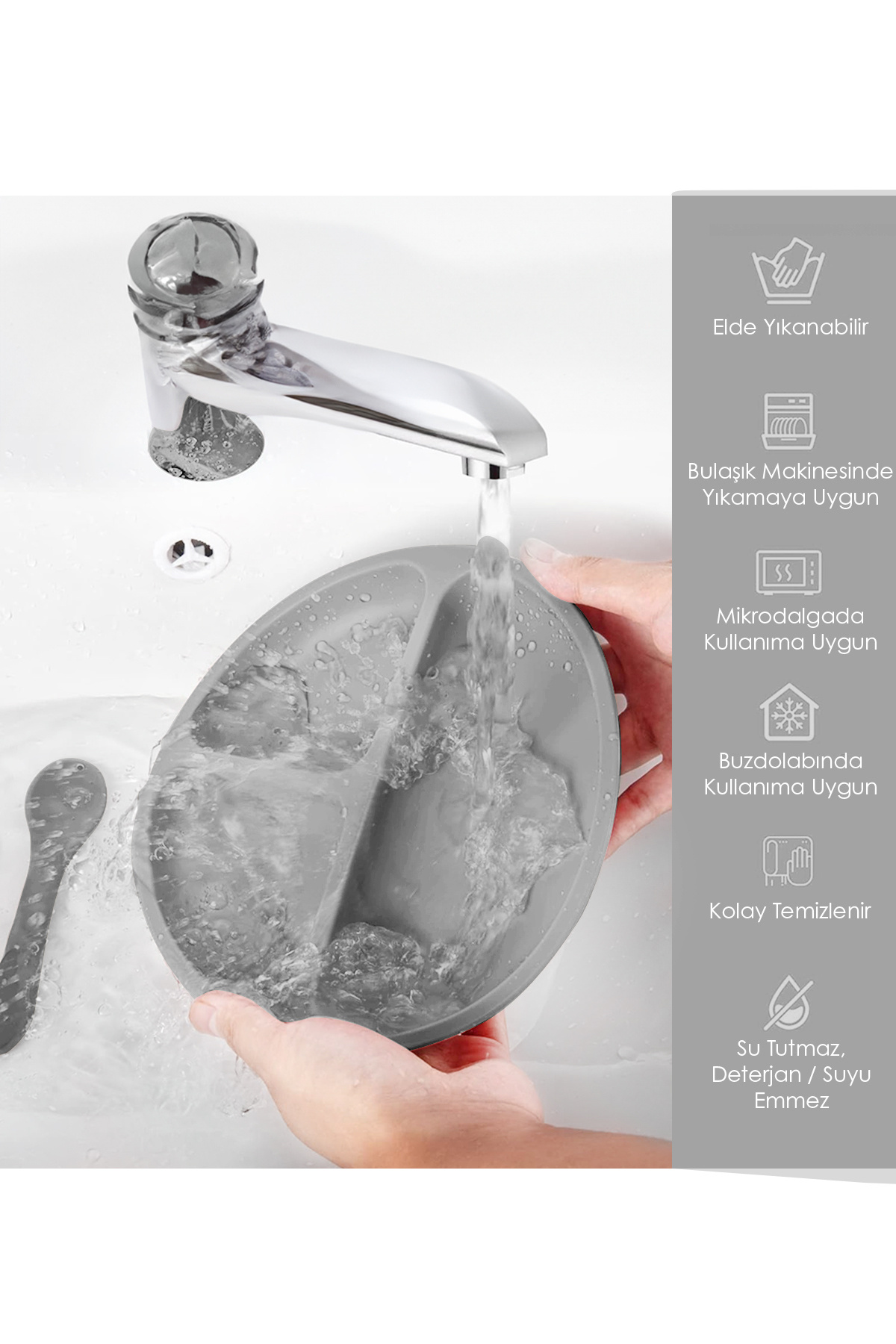 Meleni Baby 7'li Silikon Beslenme Seti- Mama Önlüğü Vakumlu Tabak Bardak Diş Kaşıyıcı Kaşık Atıştırma Kabı Gri fotoğrafı 3 (önizleme)