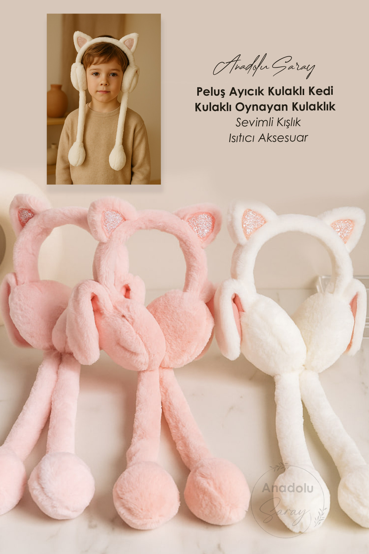 Anadolu Saray Peluş Fiyonklu Ayıcık ve Kedi Kulaklı Oynayan Kulaklık, Sevimli Kışlık Isıtıcı Aksesuar