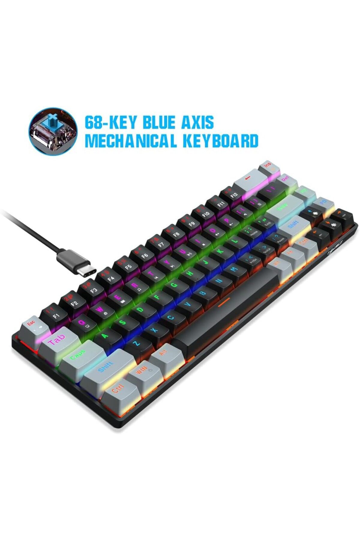 HXSJ 68-Key Mechanical Gaming Keyboard, Blue/Red Switch, RGB Backlit ...