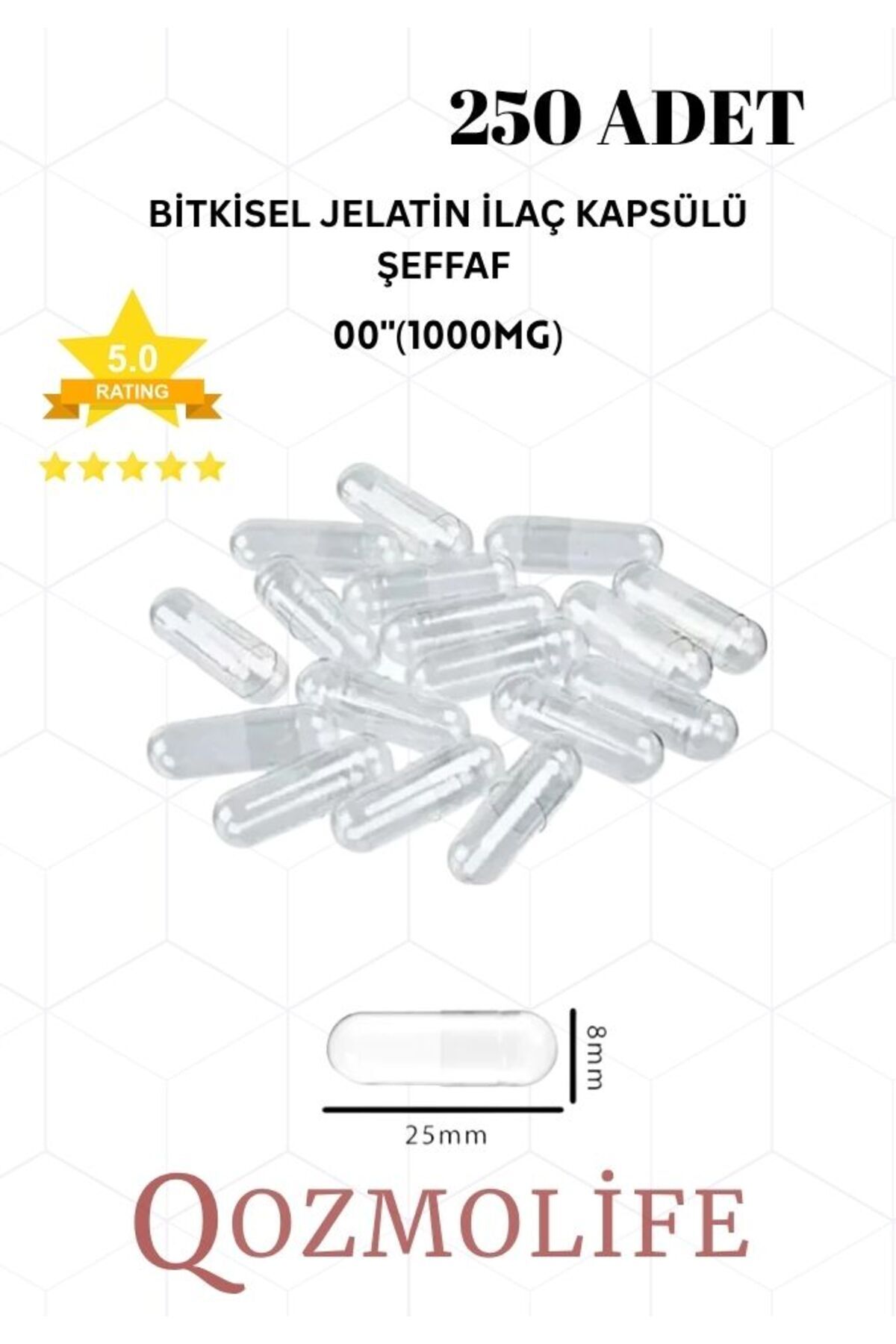 QOZMOLİFE Büyük Boy Şeffaf Bitkisel Jelatin Boş İlaç Kapsülü Helal 00"1000mg (250 Adet)