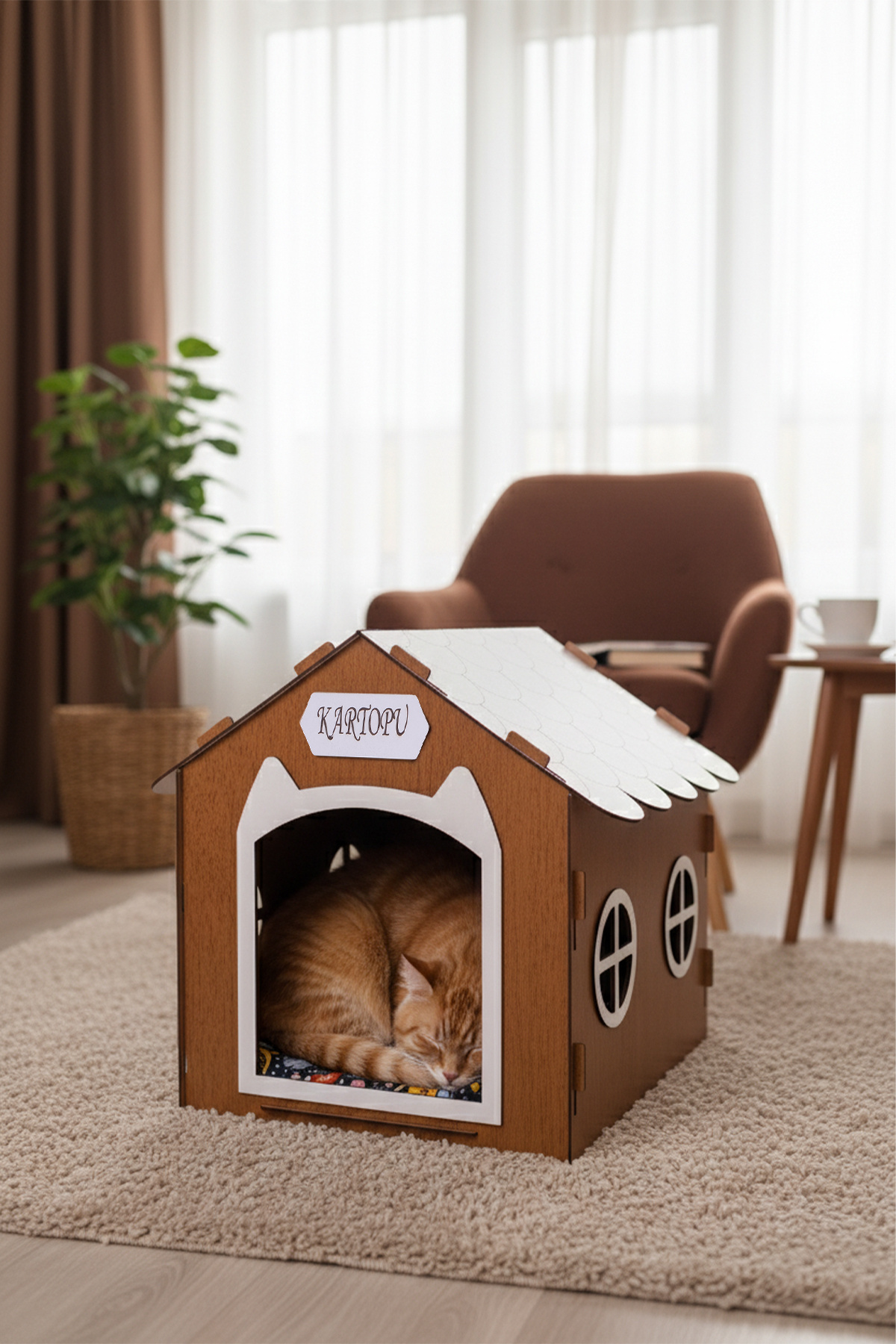 GOBYPET Ahşap Özel İsim Baskılı Dekoratif Kedi Evi-Kulübesi, Kediler İçin Kulübe, Kedi Kulübesi Ceviz