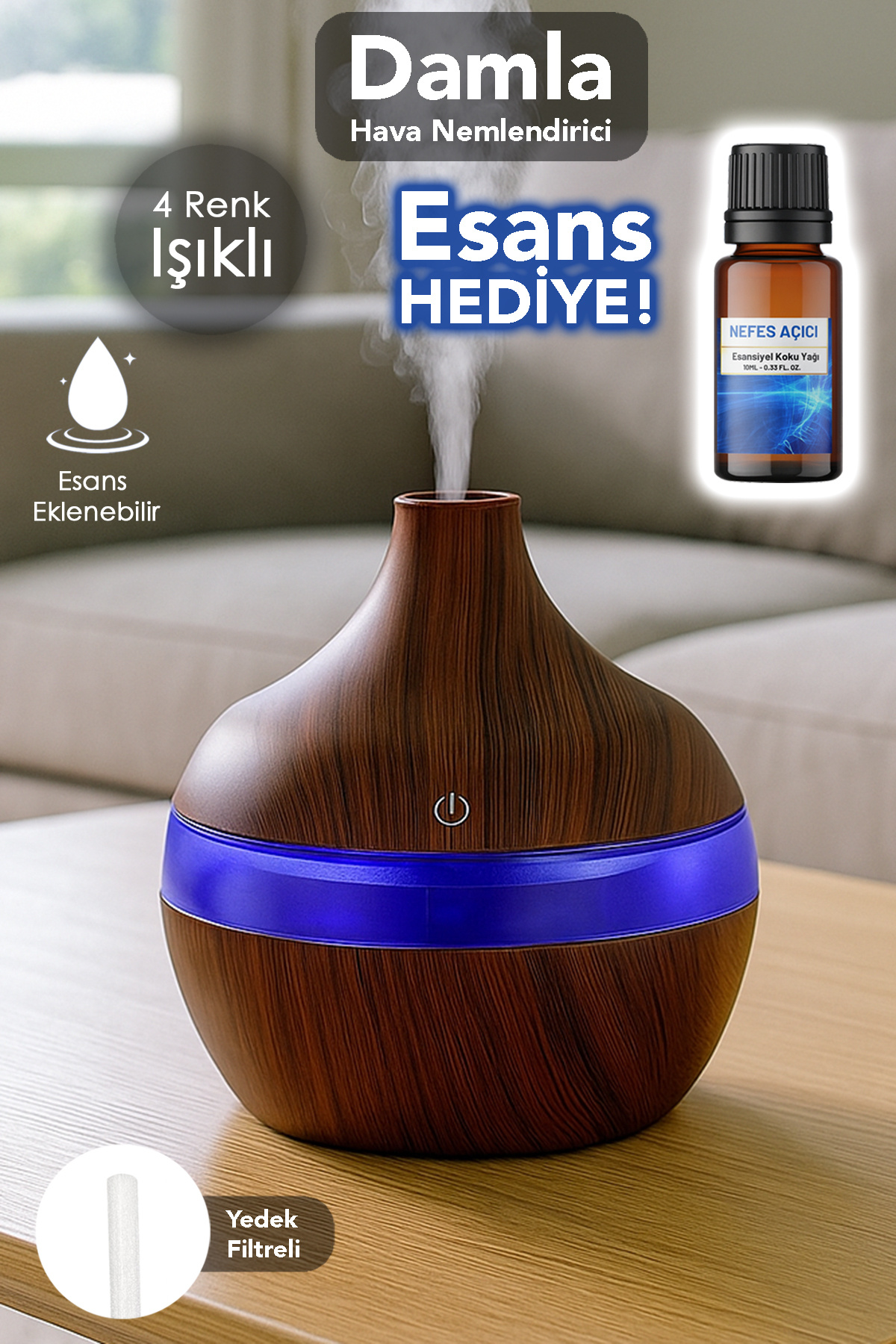 mimtec Damla Hava Nemlendirici - 300 ml Işıklı Buhar Makinesi Aroma Difüzörü Koyu Kahve 1 Adet Esans Hediye