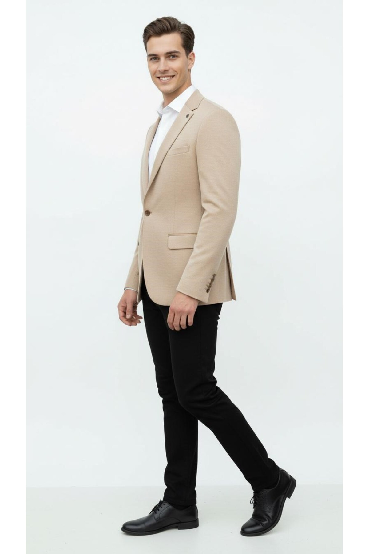 Plus Scorpion  Bej Erkek İtalyan Kesim Blazer Ceket – Kol Yamali, Slim Fit, Şık ve Modern Tasarım - Görsel 7