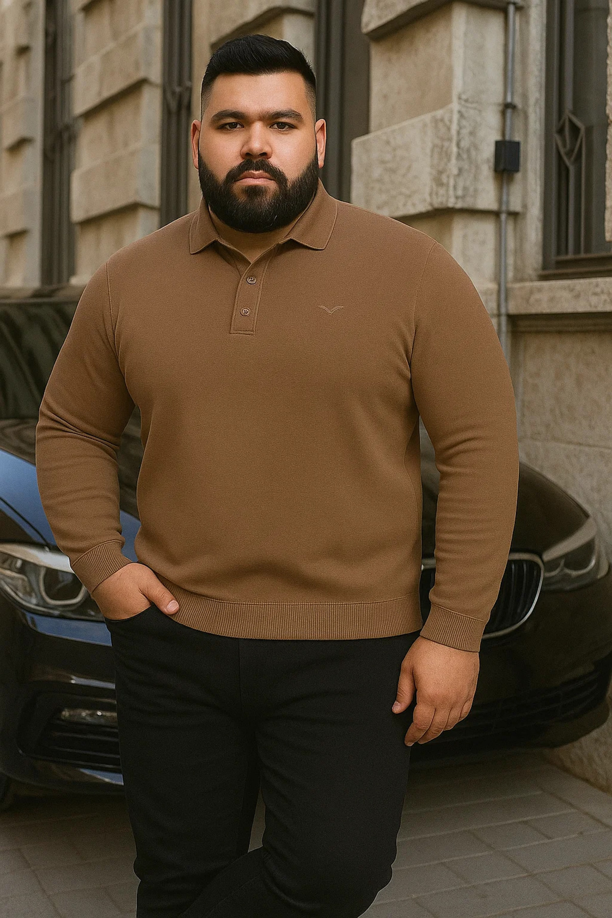Maccali Erkek Büyük Beden Kışlık Bol Vizon Polo Yaka Kazak görsel 4