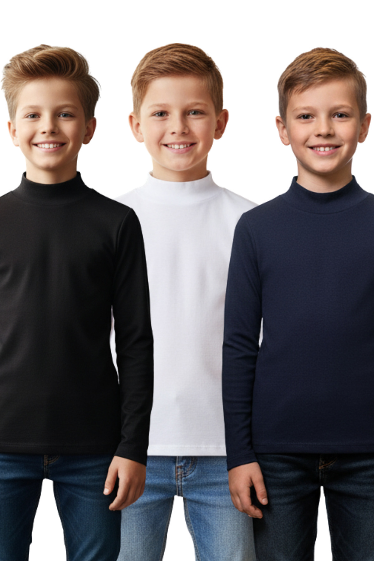 Difa Çocuk Yarım Boğazlı 3’lü Badi Seti – Siyah Lacivert Beyaz – Uzun Kollu Pamuk – Mevsimlik Unisex