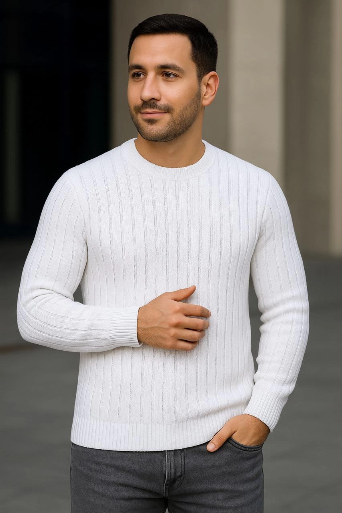pilelistore Bisiklet Yuvarlak Yaka Triko Kazak Pamuklu Kalın Fitilli Dokuma, Regular Fit Uzun Kollu Kışlık Model fotoğrafı 3 (önizleme)