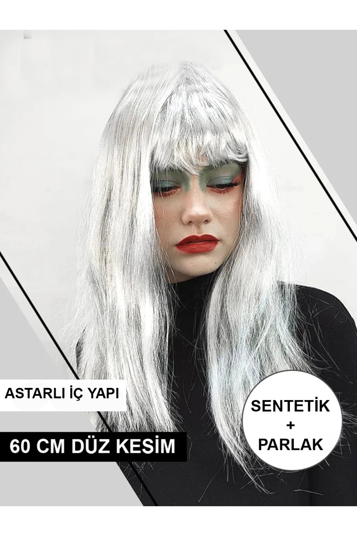 eco port Platin Gri Gümüş Renk Uzun Parti Peruğu Uzun Takma Peruk